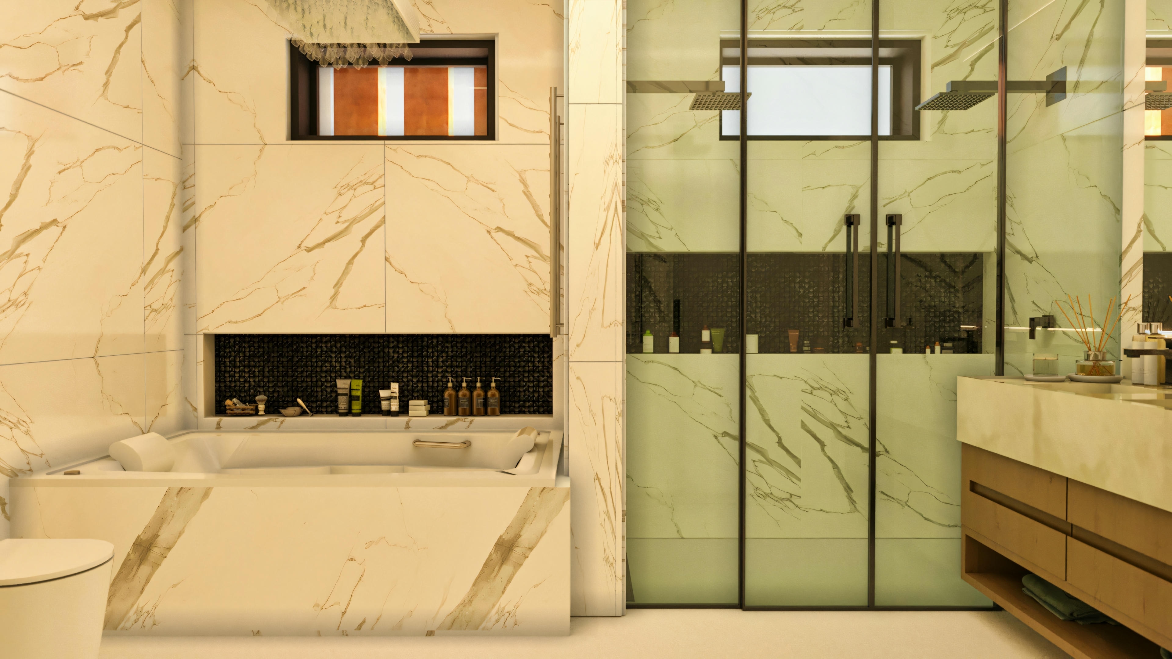 Baño de la suite principal con bañera de inmersión, revestimiento de porcelanato marmolado y box de vidrio. Este es uno de los 5 baños de un proyecto de casa con 4 suites, piscina y quincho, en terreno de 20x25 y con 394.84m² de área total.
