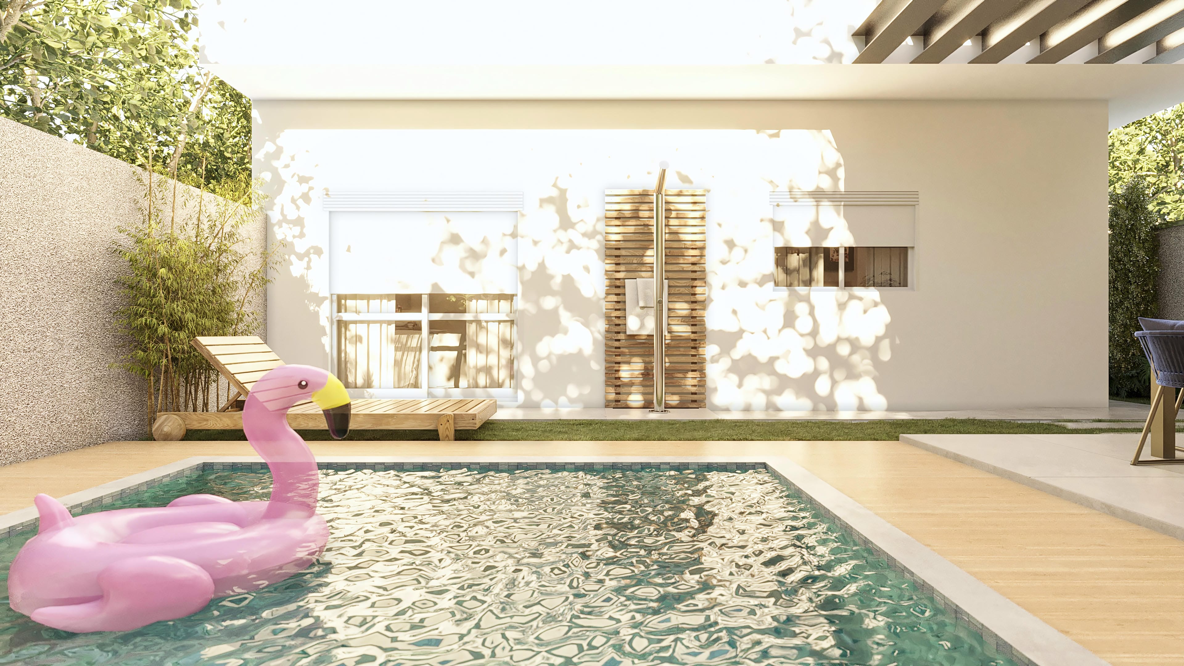 Área de ocio de casa de una planta con piscina, terraza de madera, ducha externa y paisajismo integrado.
