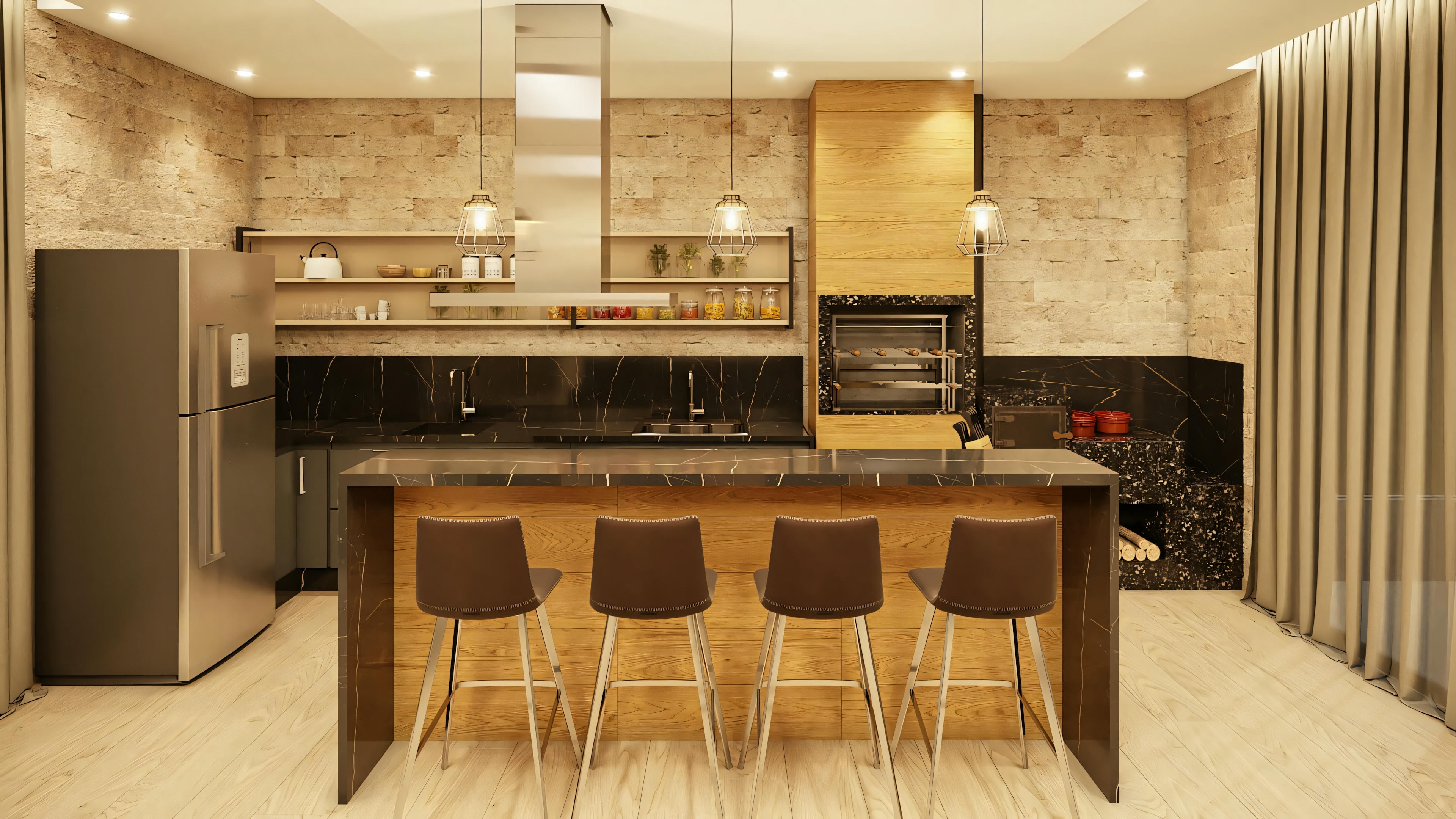 Cocina moderna com isla central y taburetes, iluminación bajo los armarios y electrodomésticos empotrados.