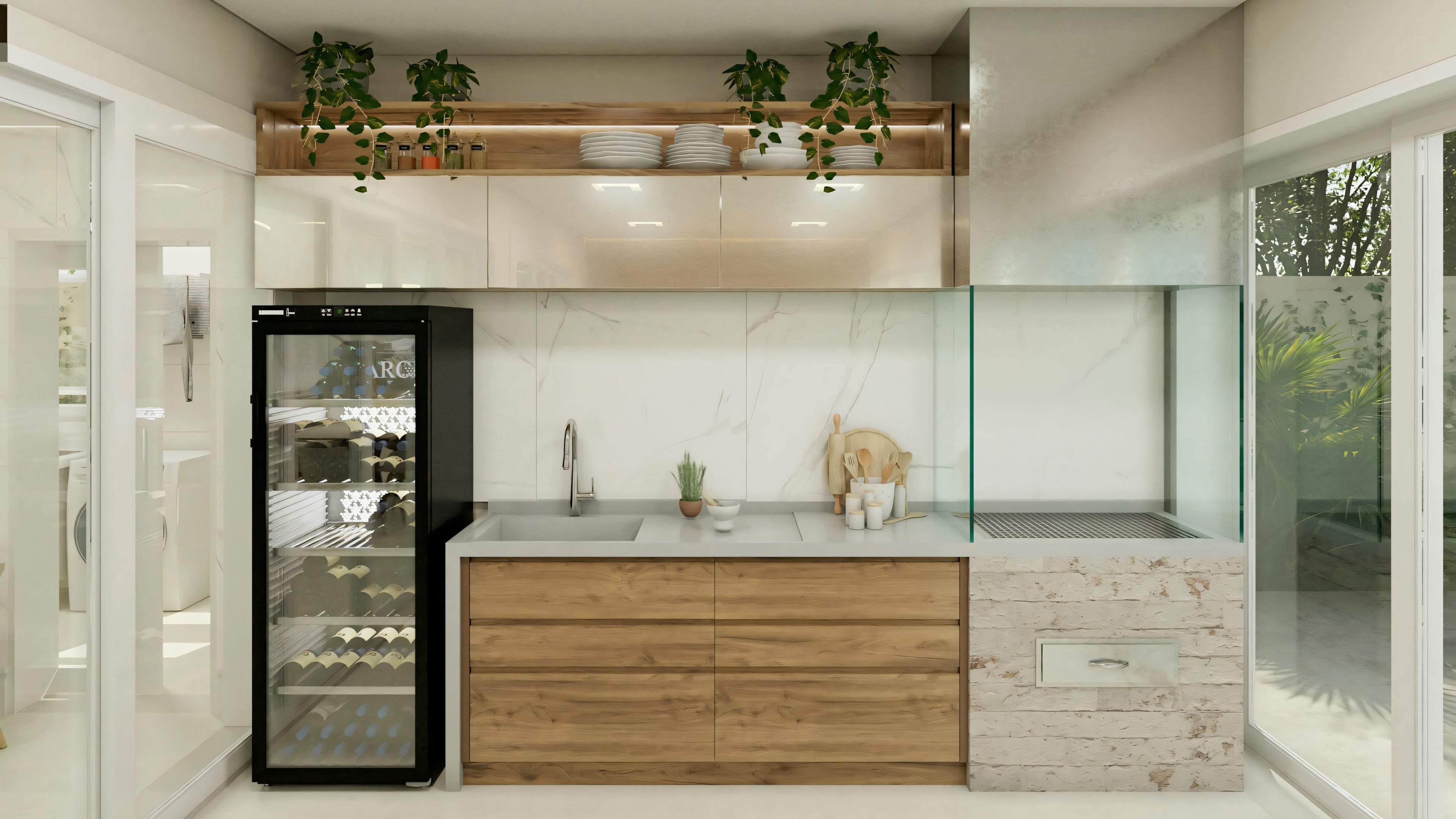 Una cocina moderna con diseño elegante, incluyendo una nevera, armarios de madera con encimeras de mármol y estanterías abiertas con plantas.