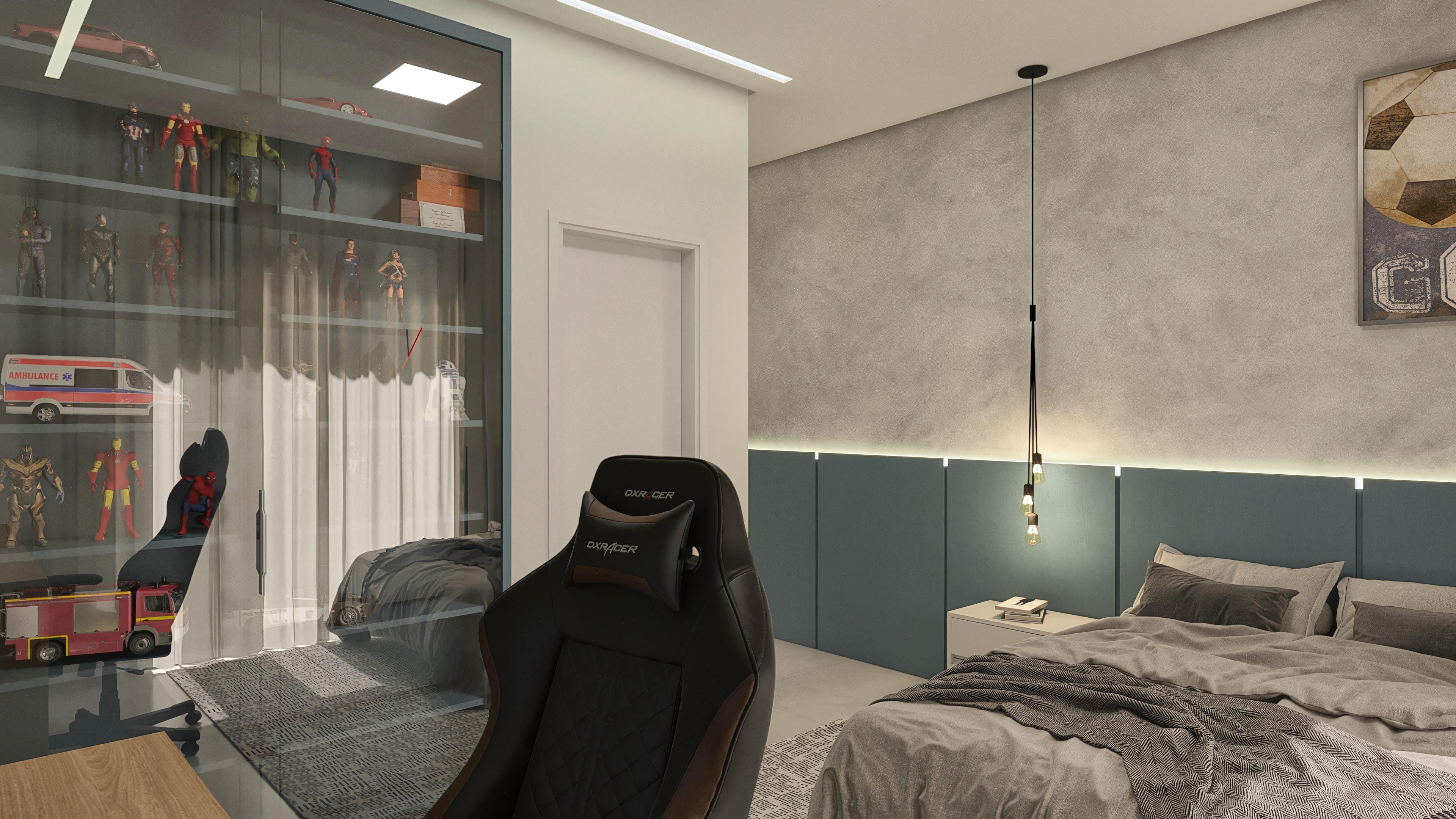 Detalhe de interior de quarto com cama de casal, prateleiras com colecionáveis, poltrona gamer e elementos de decoração modernos.