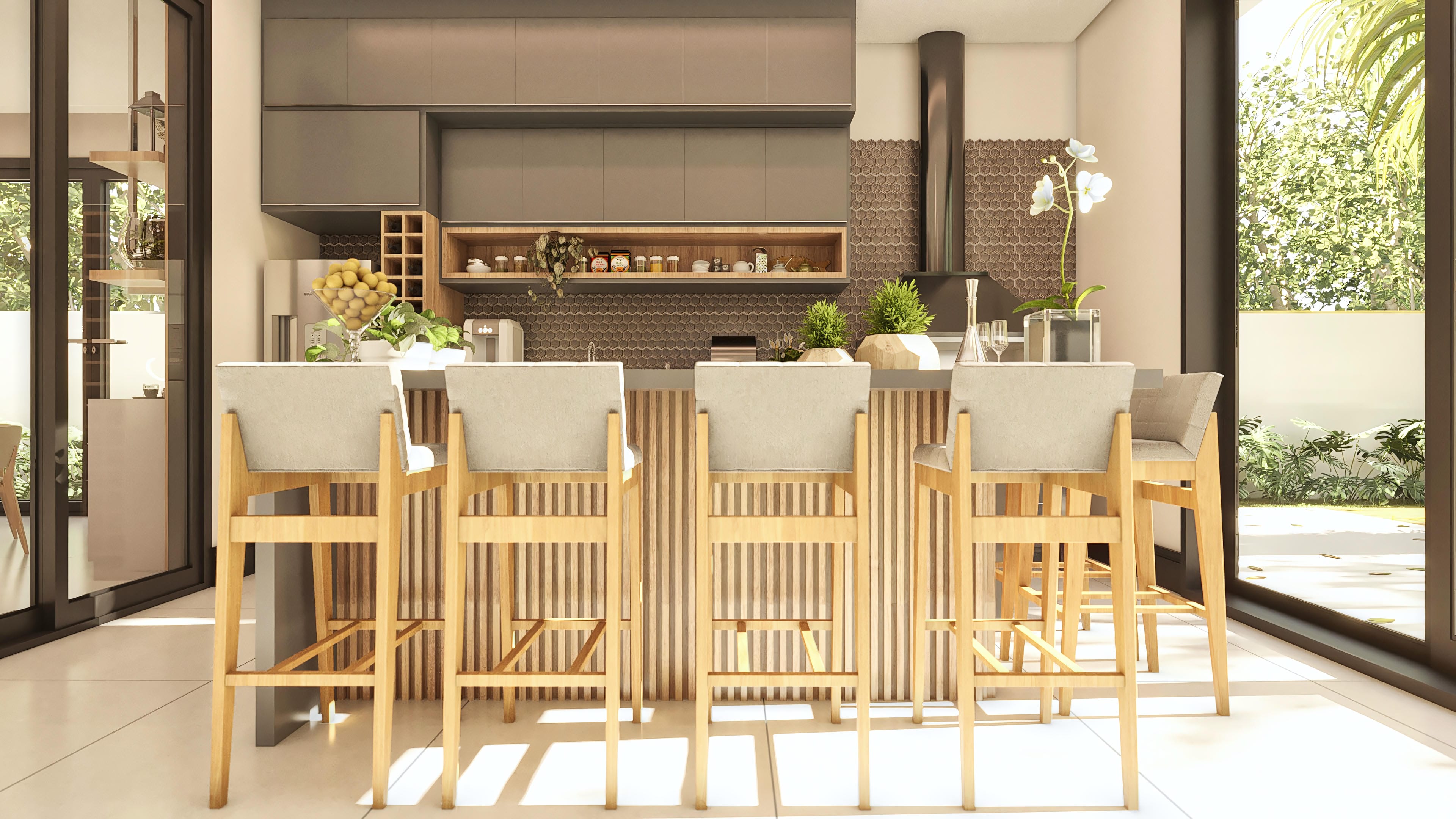 Modern gourmet area with exposed concrete counter, wooden stools, and hexagonal tiles. Island with brushed hood and view of the outdoor area with a pool.