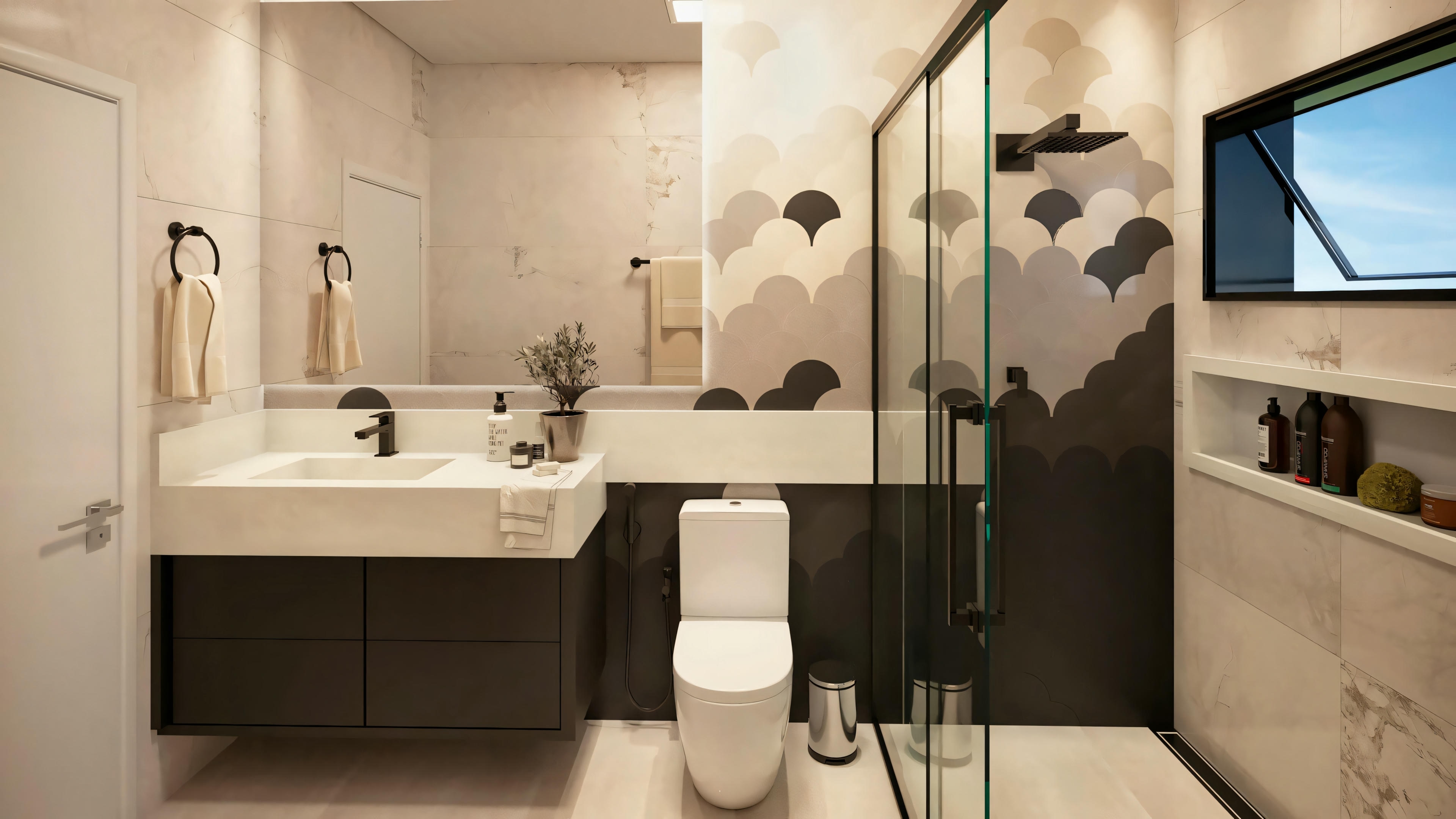 Modern bathroom with a glass shower enclosure, sink with countertop, and mirror above, decorated in neutral tones.