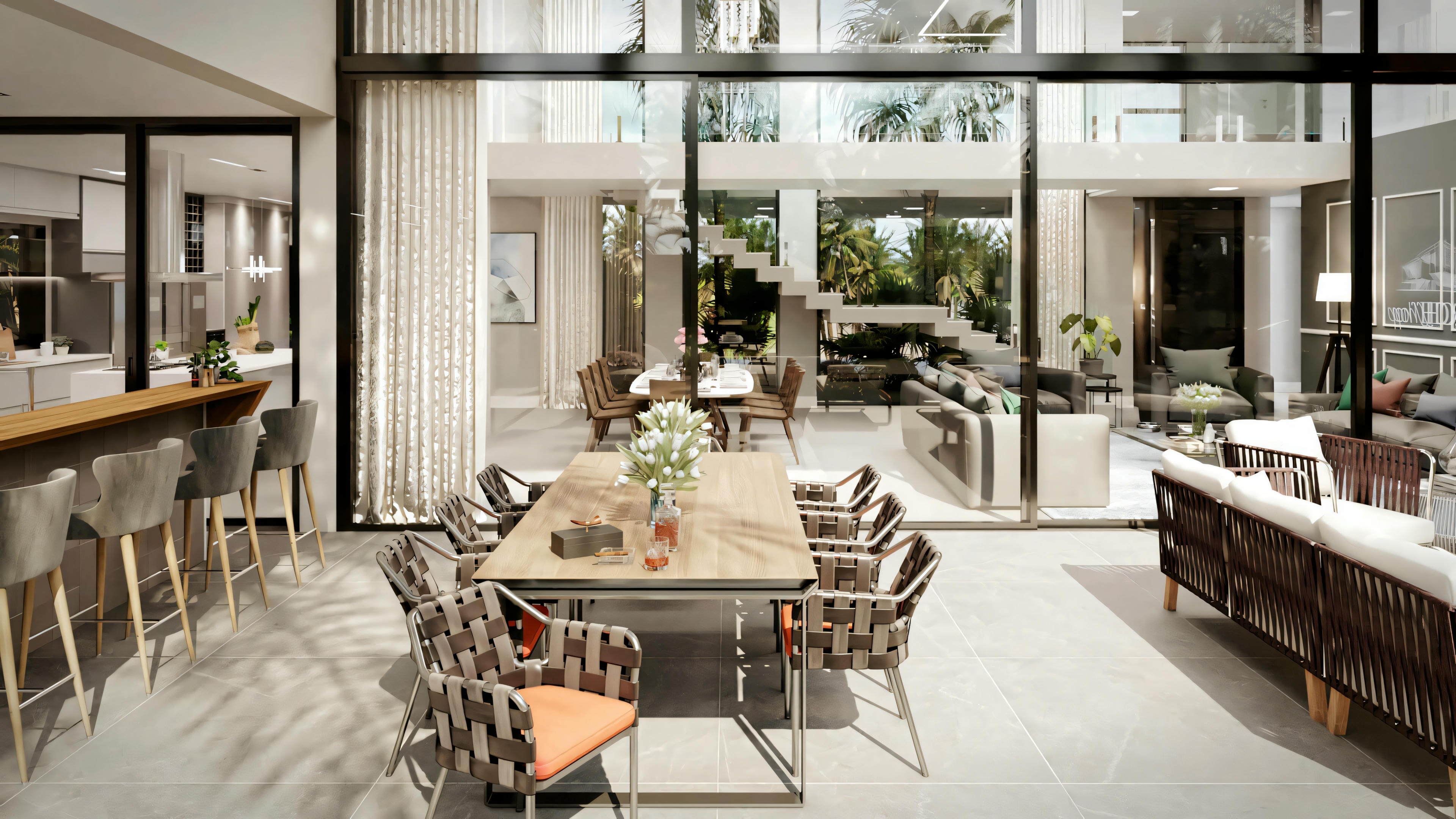 An outdoor patio area with dining furniture, indicating a space designed for outdoor meals or socializing.