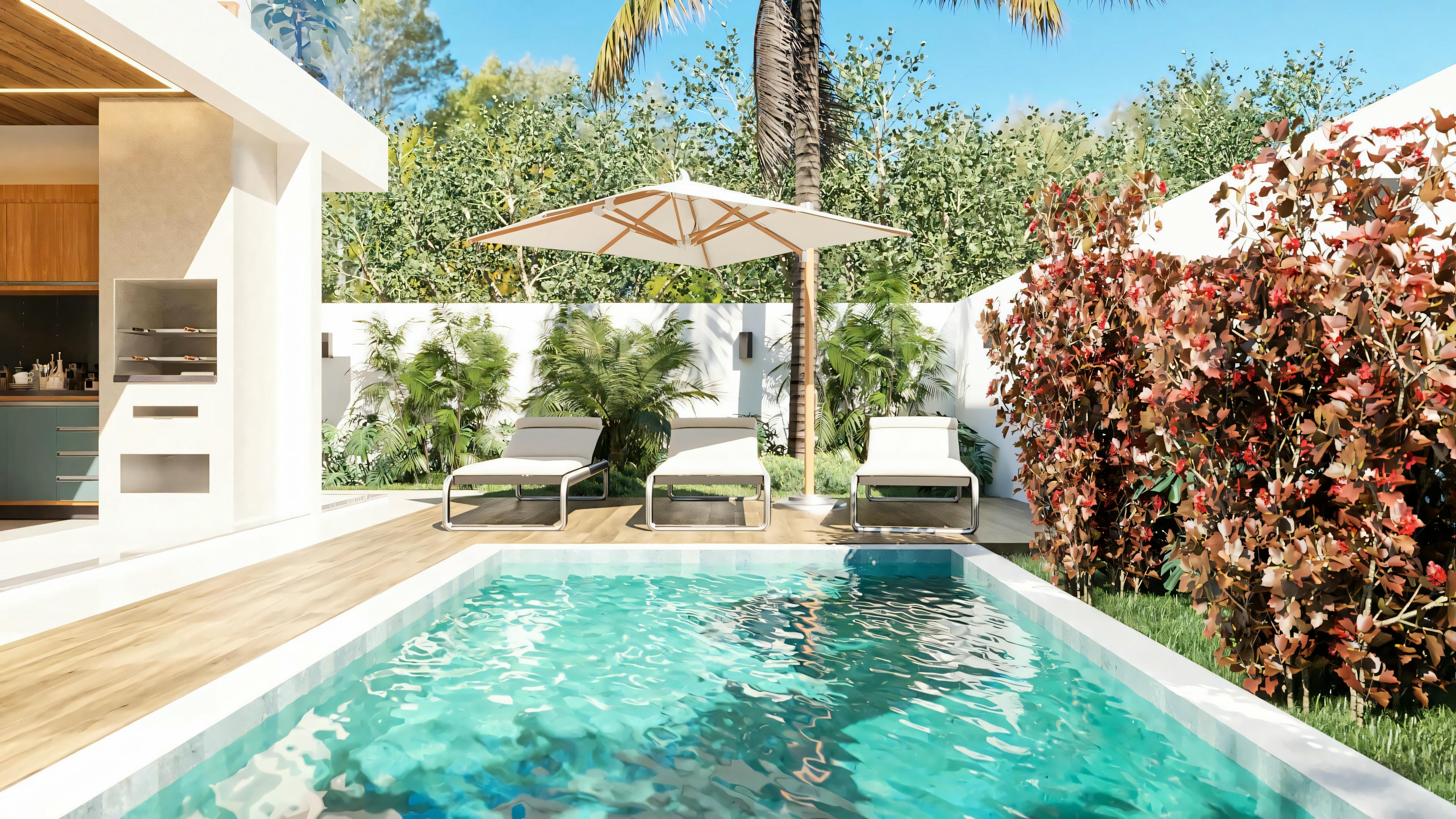 Área de ocio del proyecto de casa de dos pisos con piscina rectangular, deck de madera con tumbonas y paisajismo. Vista parcial del área gourmet al fondo. Casa de dos pisos de 330m² en terreno 12x35.