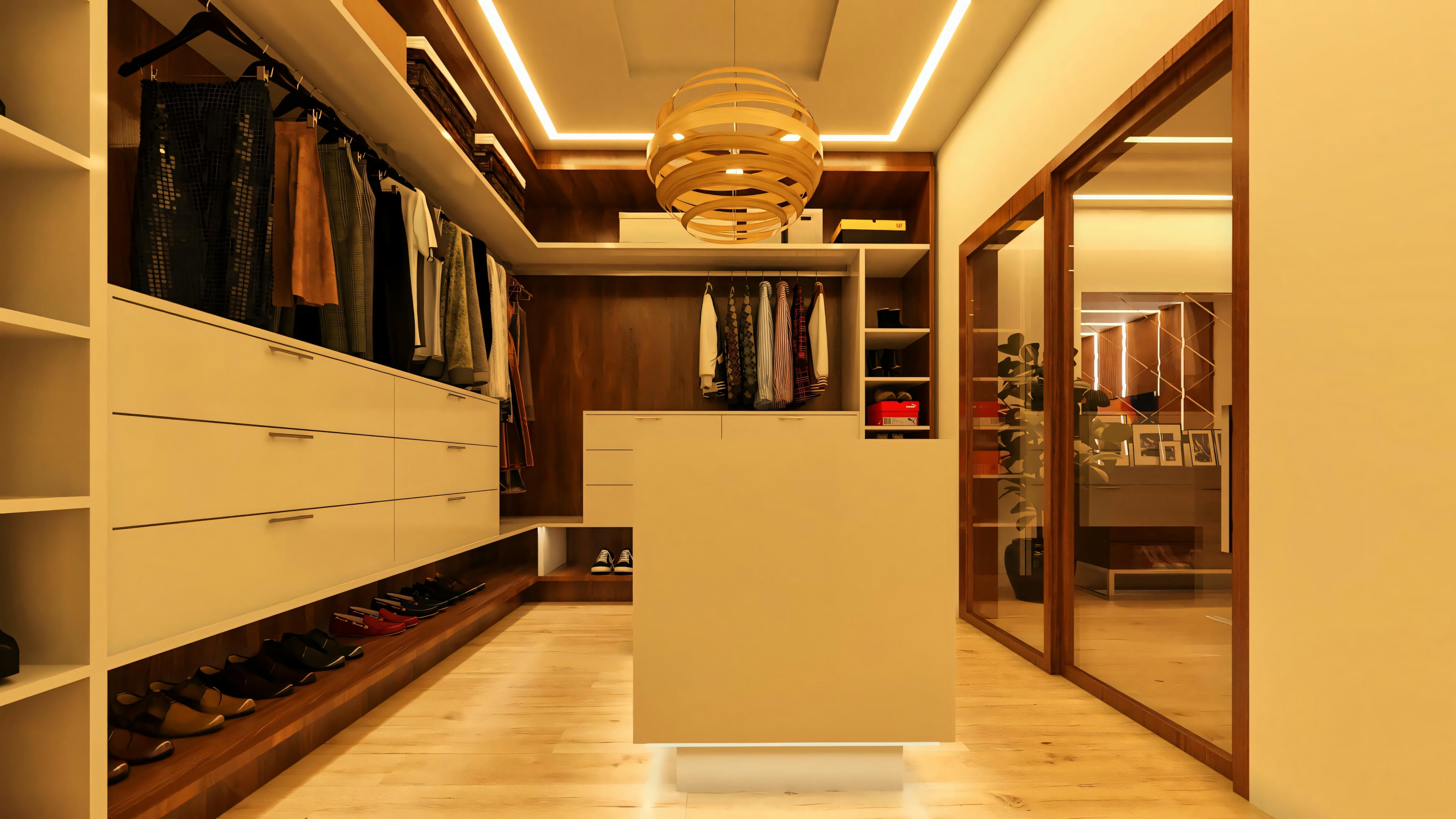 Interior del vestidor de la suite principal en proyecto de casa moderna, visto desde el fondo hacia la entrada con puerta corrediza de vidrio. Incluye isla central, armarios y cajones planejados, zapatera, percheros y proyecto de iluminación moderno. Parte de la casa de 4 suites con 555.9m² y área gourmet.