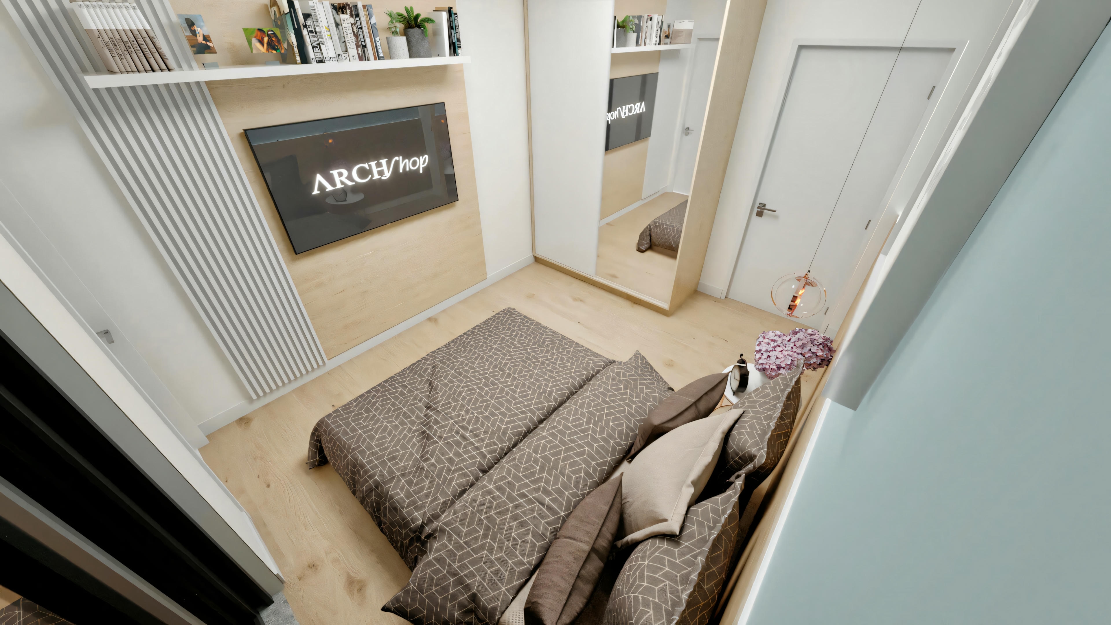 Vista de cima do quarto de casal, uma das 5 suítes do projeto pronto, mostrando a cama, painel de TV com prateleira superior, armário embutido com porta de espelho e piso claro.