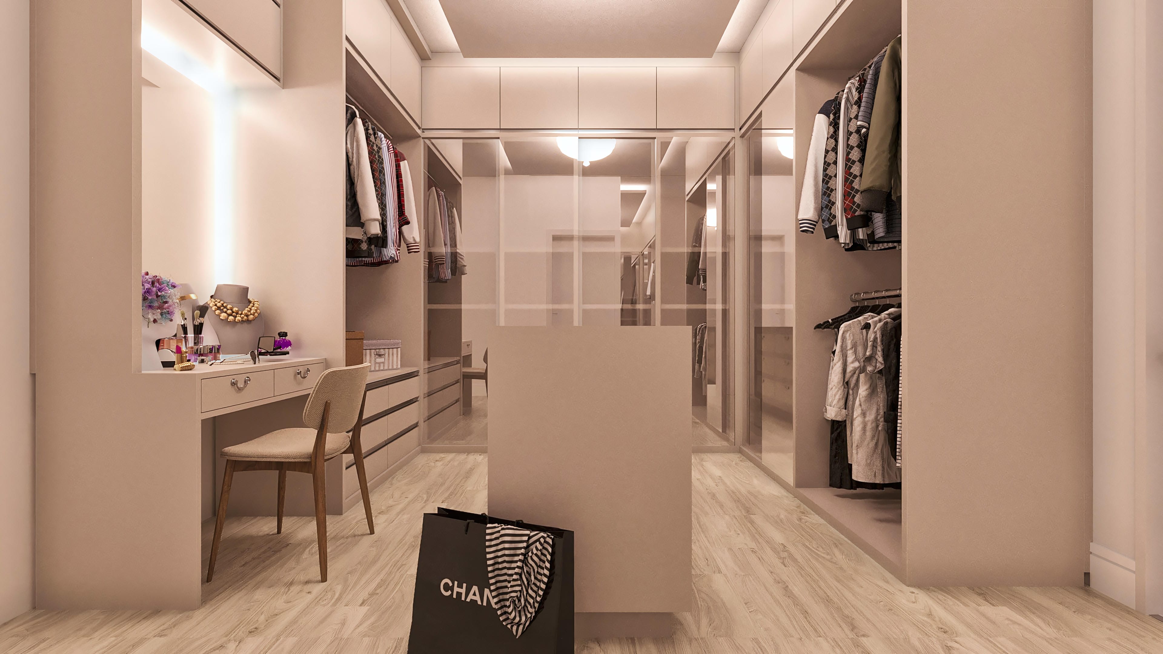 Interior de un vestidor lujoso con armarios altos e iluminados, cajones con tiradores discretos y un espejo central. Detalles en madera clara e iluminación indirecta.
