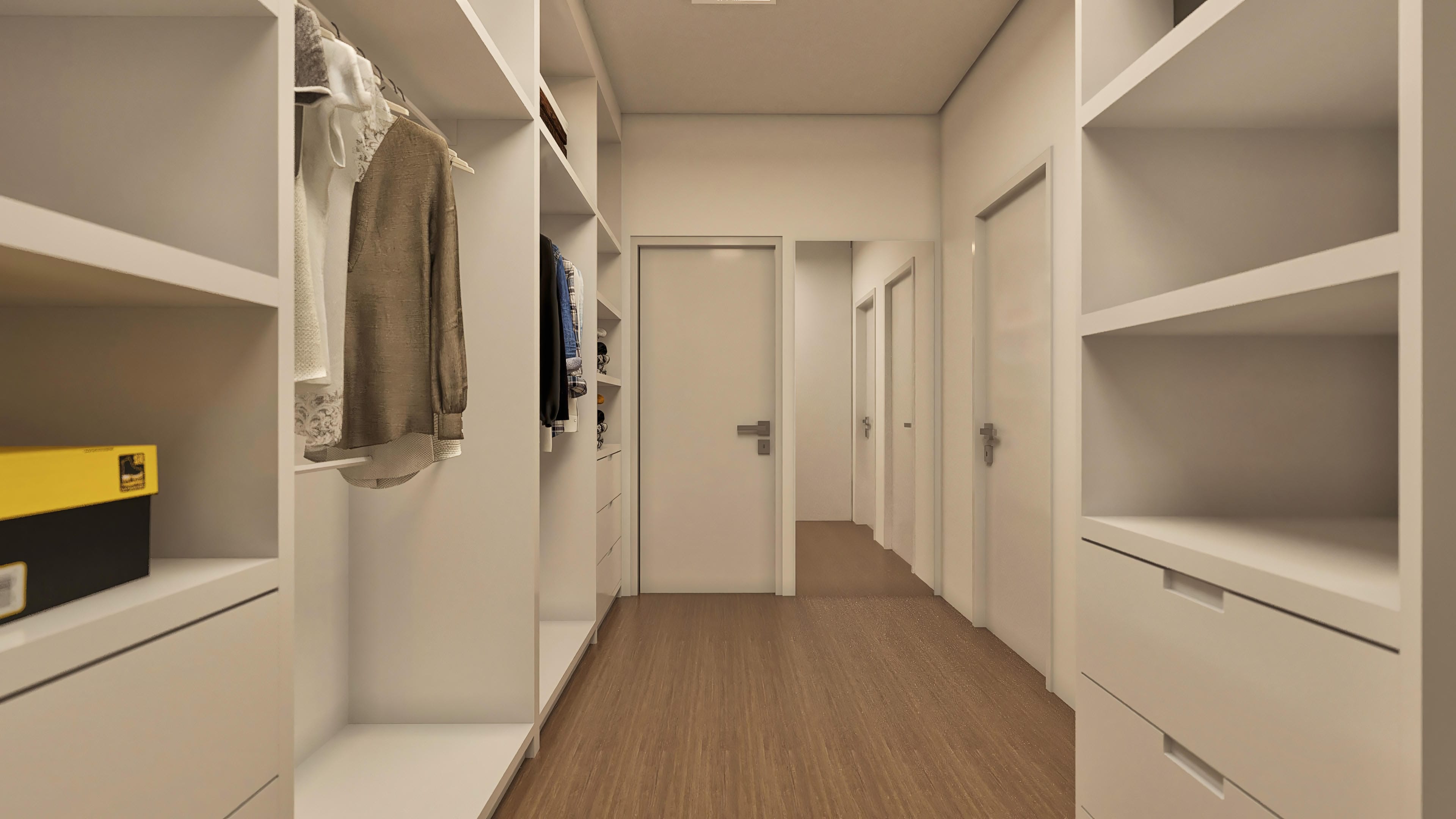 Visión interna de un vestidor amplio y organizado con armarios blancos planificados, estantes, cajones y puertas internas. Piso en tono amaderado.