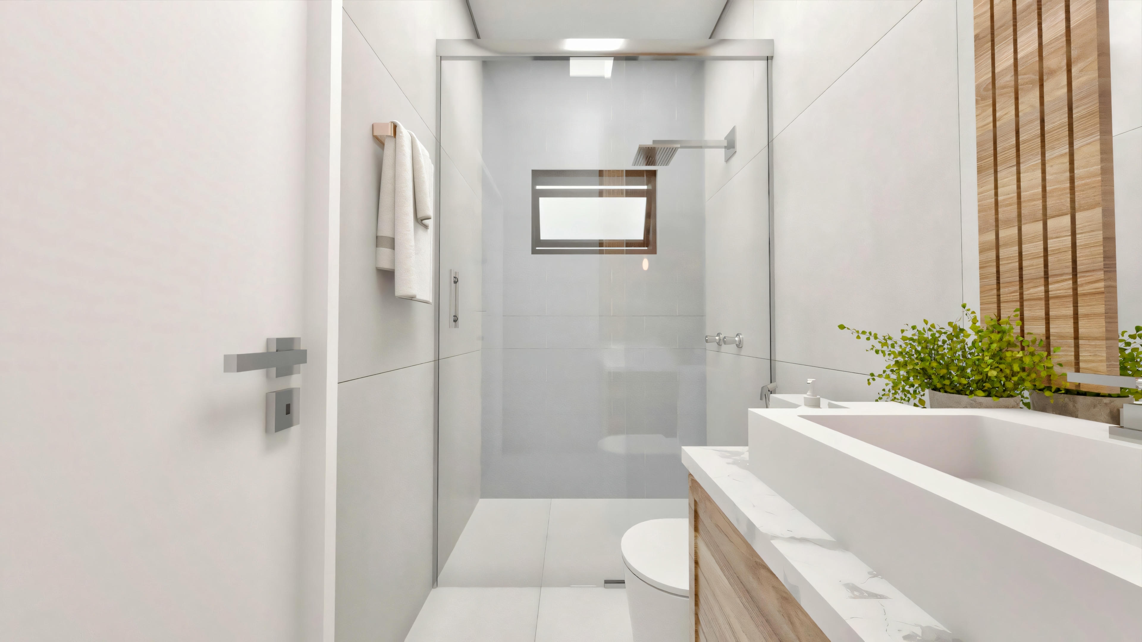 Un baño estrecho com paredes blancas, lavabo a la derecha, espejo al frente y zona de ducha a la izquierda.