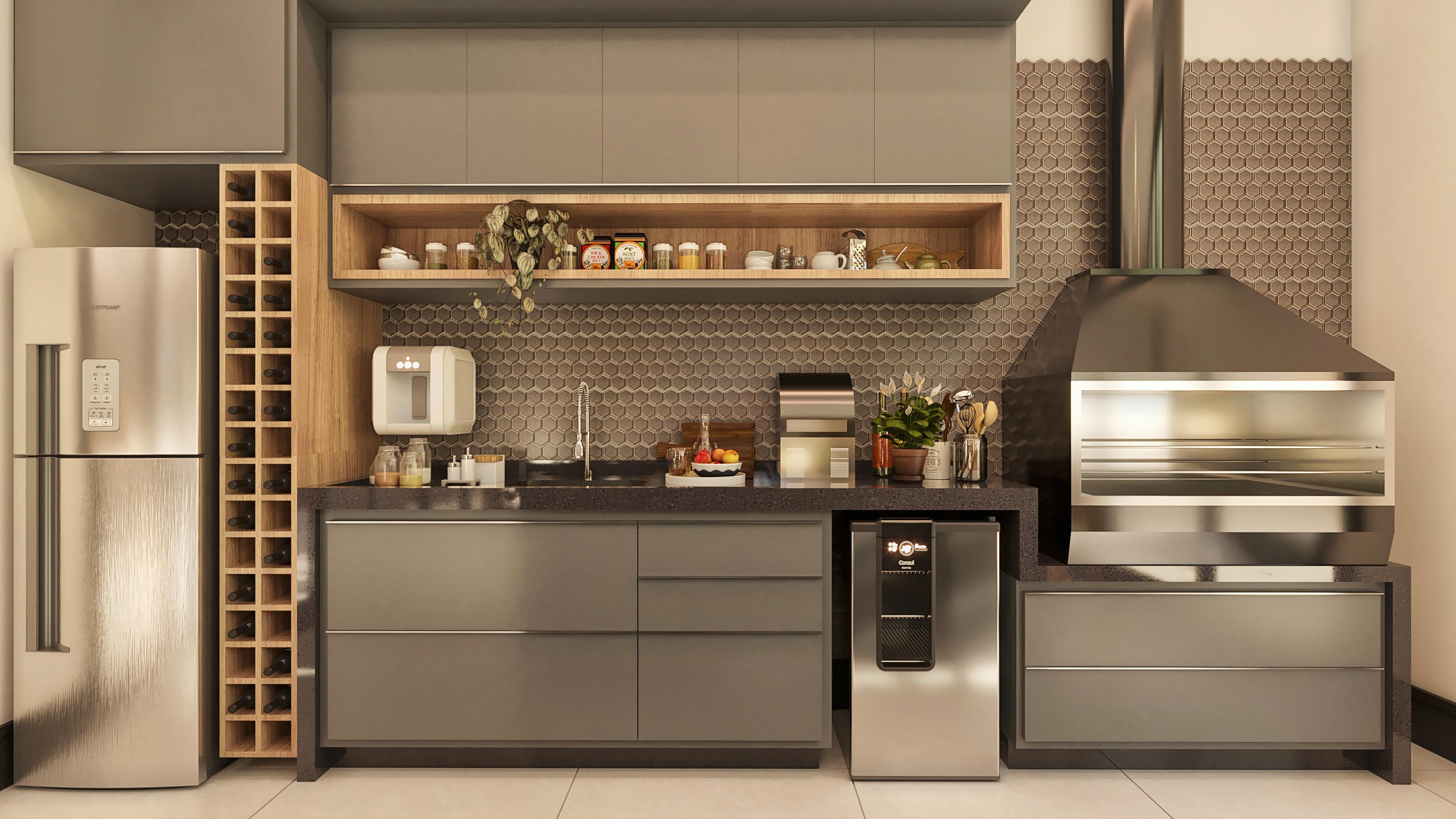 Cocina moderna con armarios gris, bodega en madera, encimera en granito oscuro, barbacoa en inox y detalle de azulejo hexagonal.