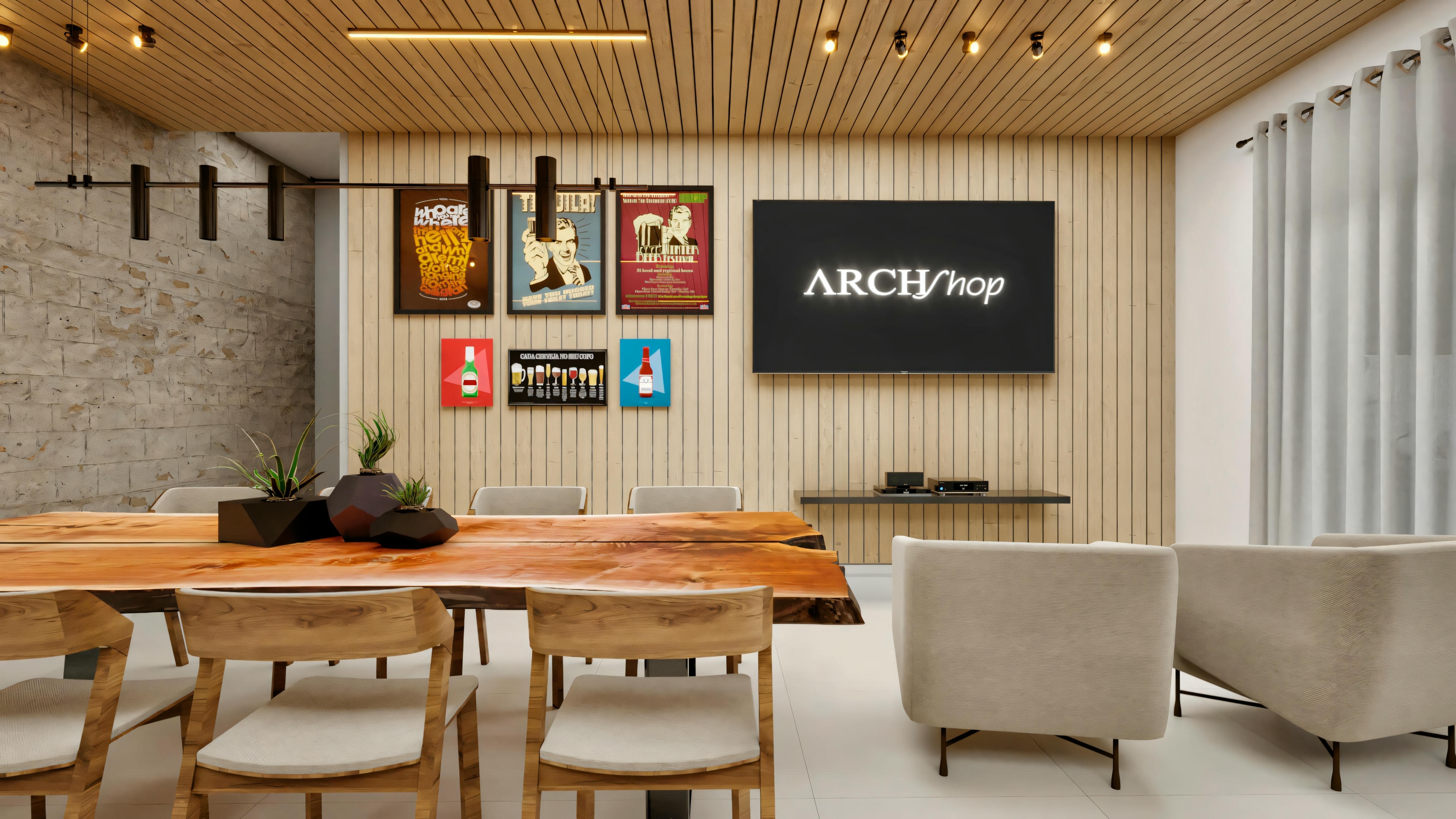 Integrated living and dining room with a rustic natural wood dining table, stone wall on the left with a pendant light, back wall with a slatted wood TV panel, TV, decorative paintings, and light armchairs on the right.