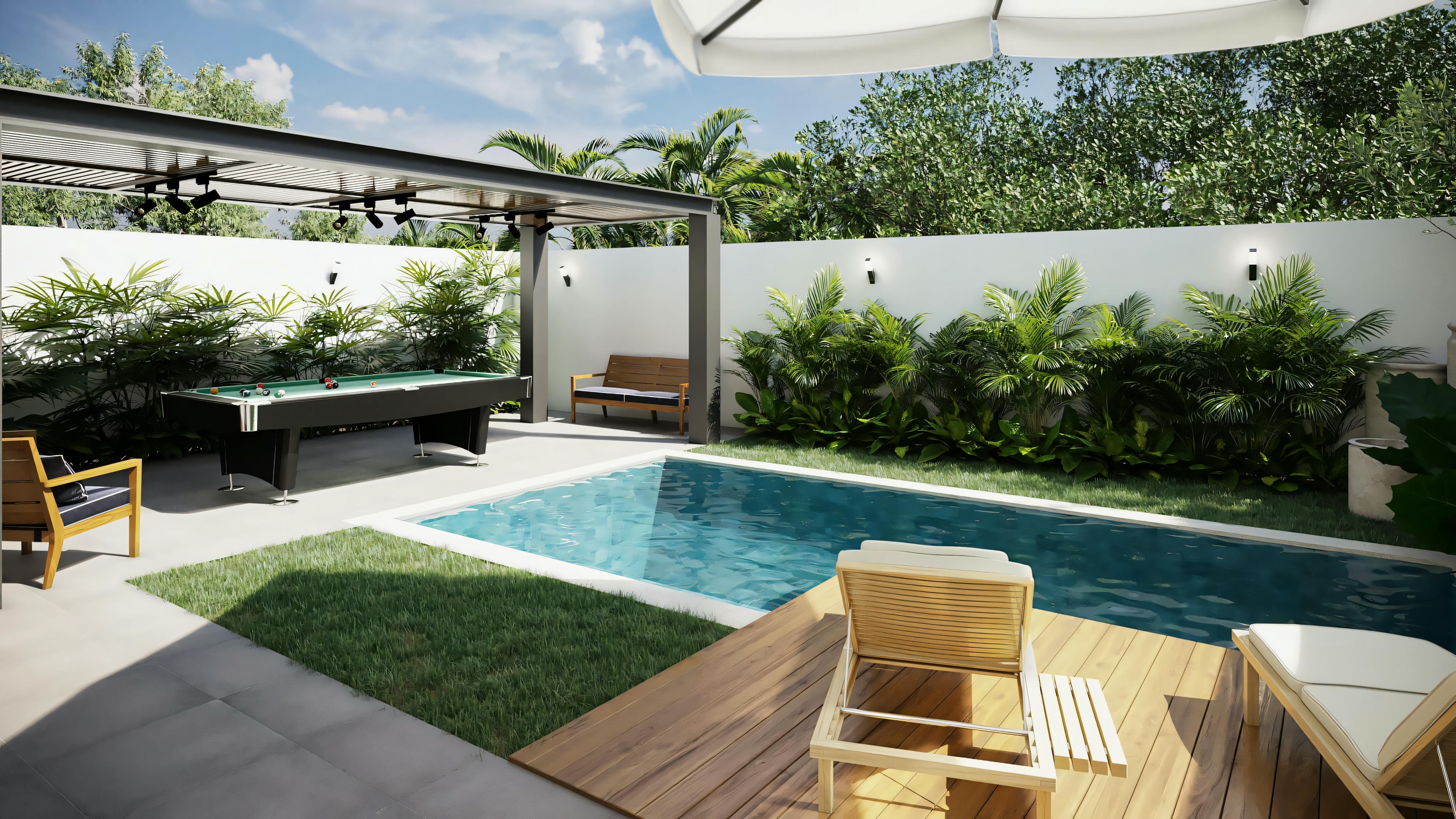 Jardim moderno com piscina, área de estar e vegetação exuberante.