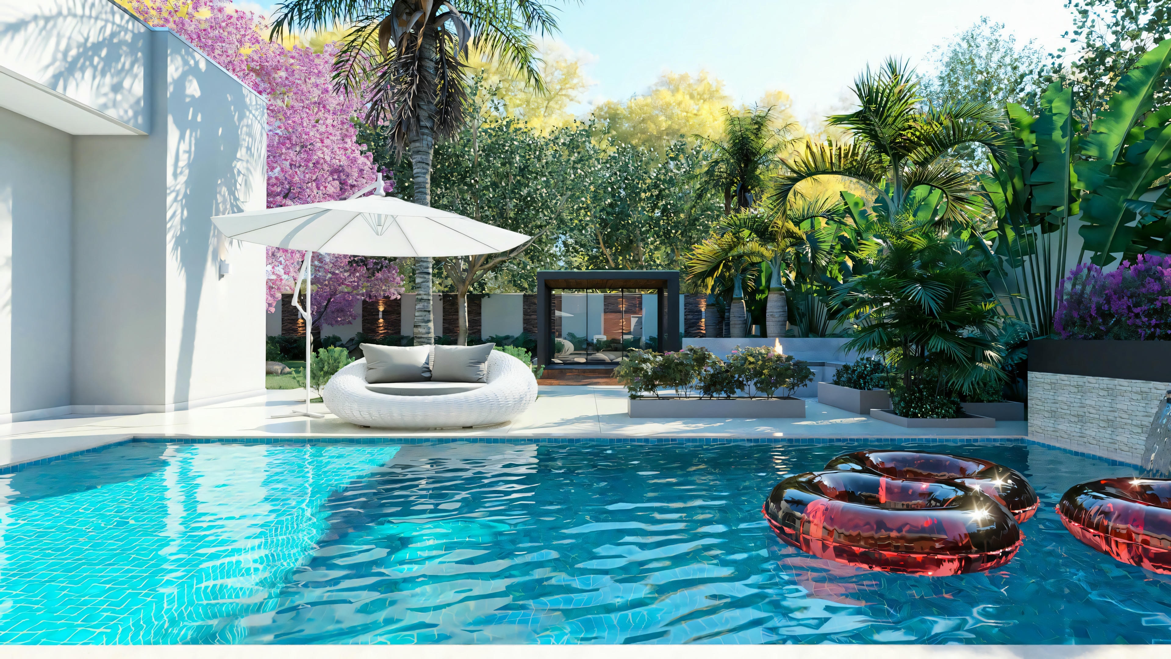 Vista del jardín con paisajismo y área de descanso al lado de la piscina en la casa de planta baja con 3 suites. Incluye sofá redondo, sombrilla y vegetación variada. Proyecto casa planta baja 3 suites.