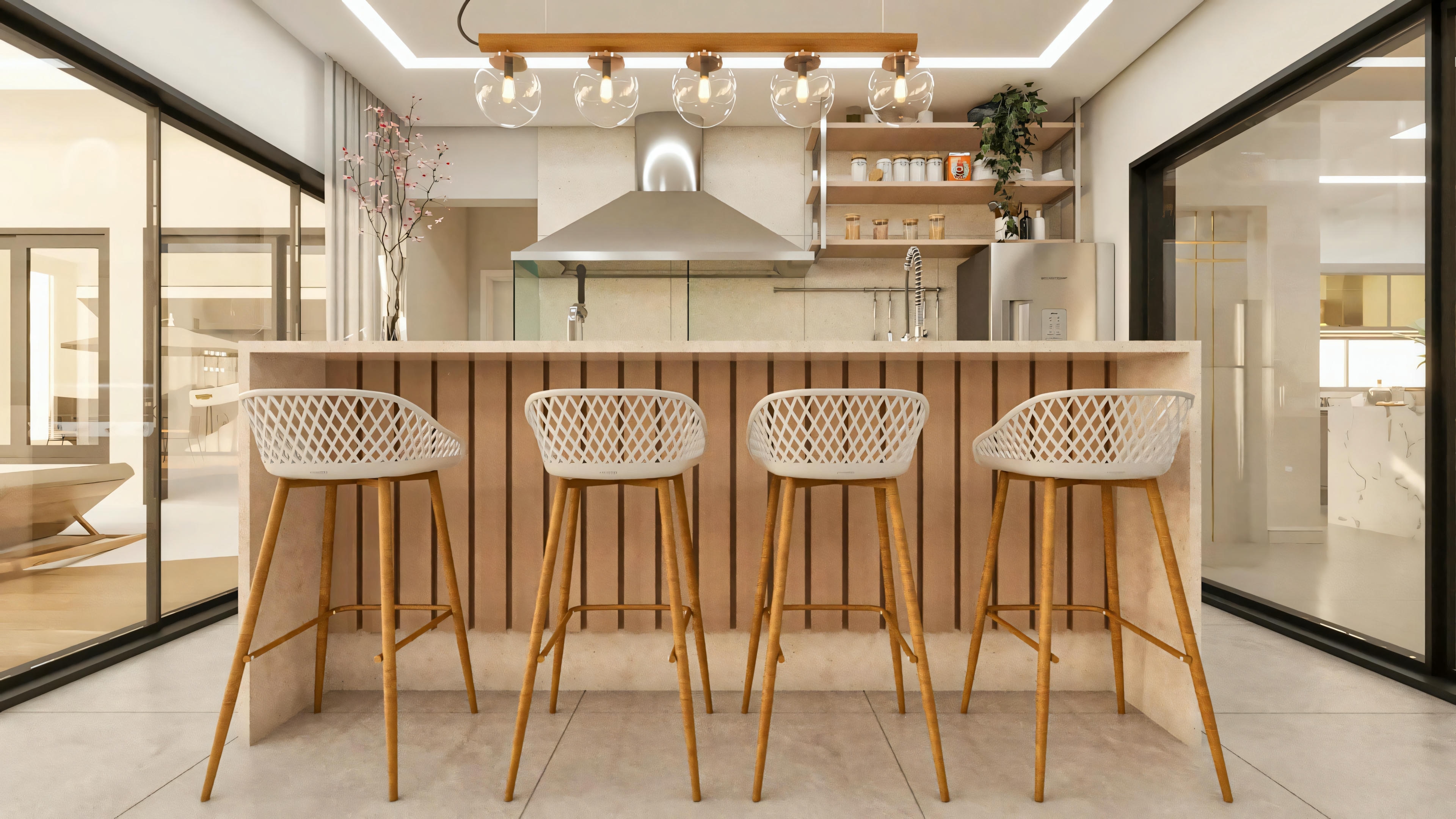 Gourmet countertop with slatted front panel and modern high stools in a luxury house project, with a view to the kitchen in the background equipped with a hood and cabinets.