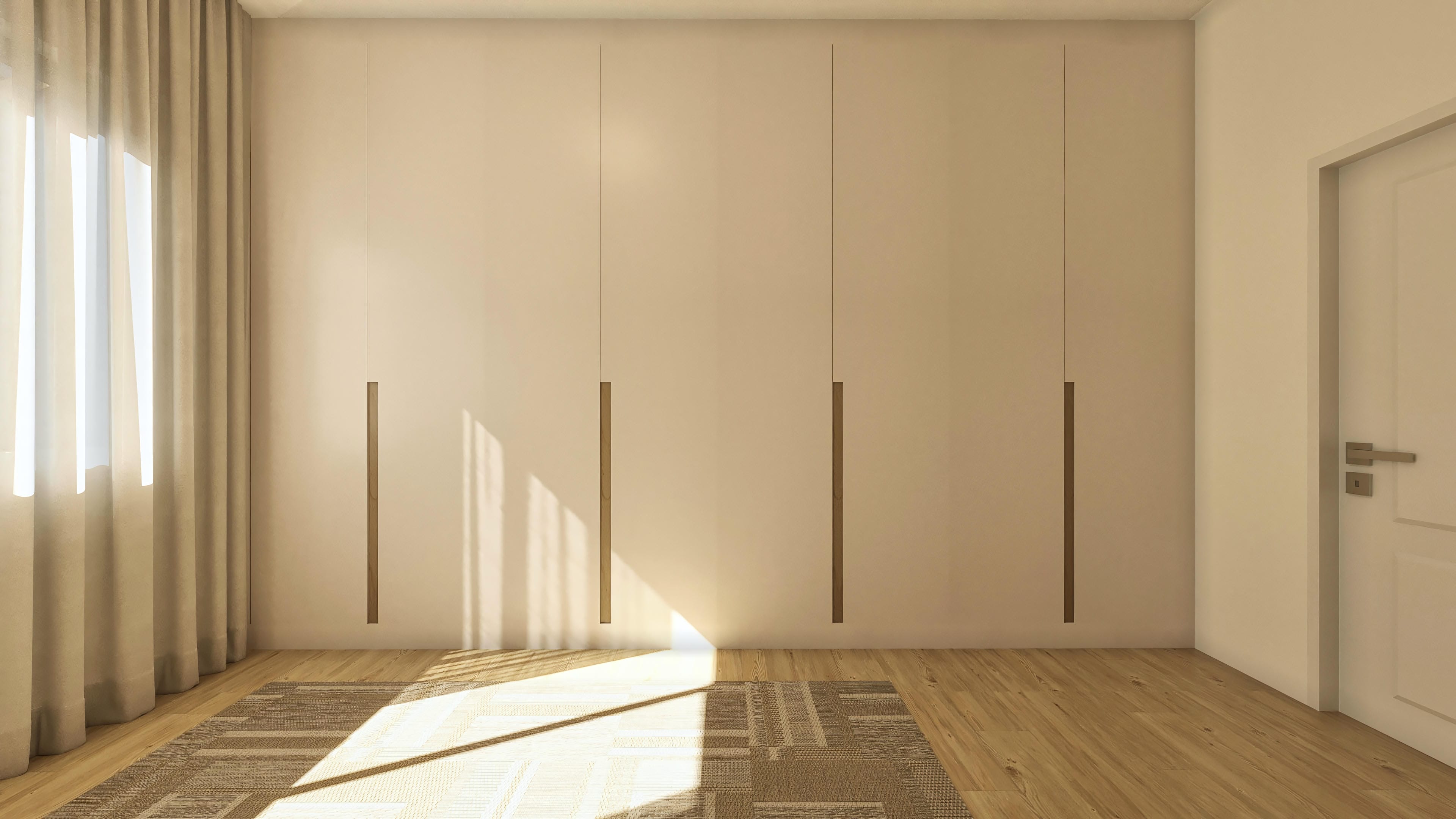 Custom closet with smooth doors in a neutral tone and discreet vertical handles, harmonizing with the wood floor and natural lighting.