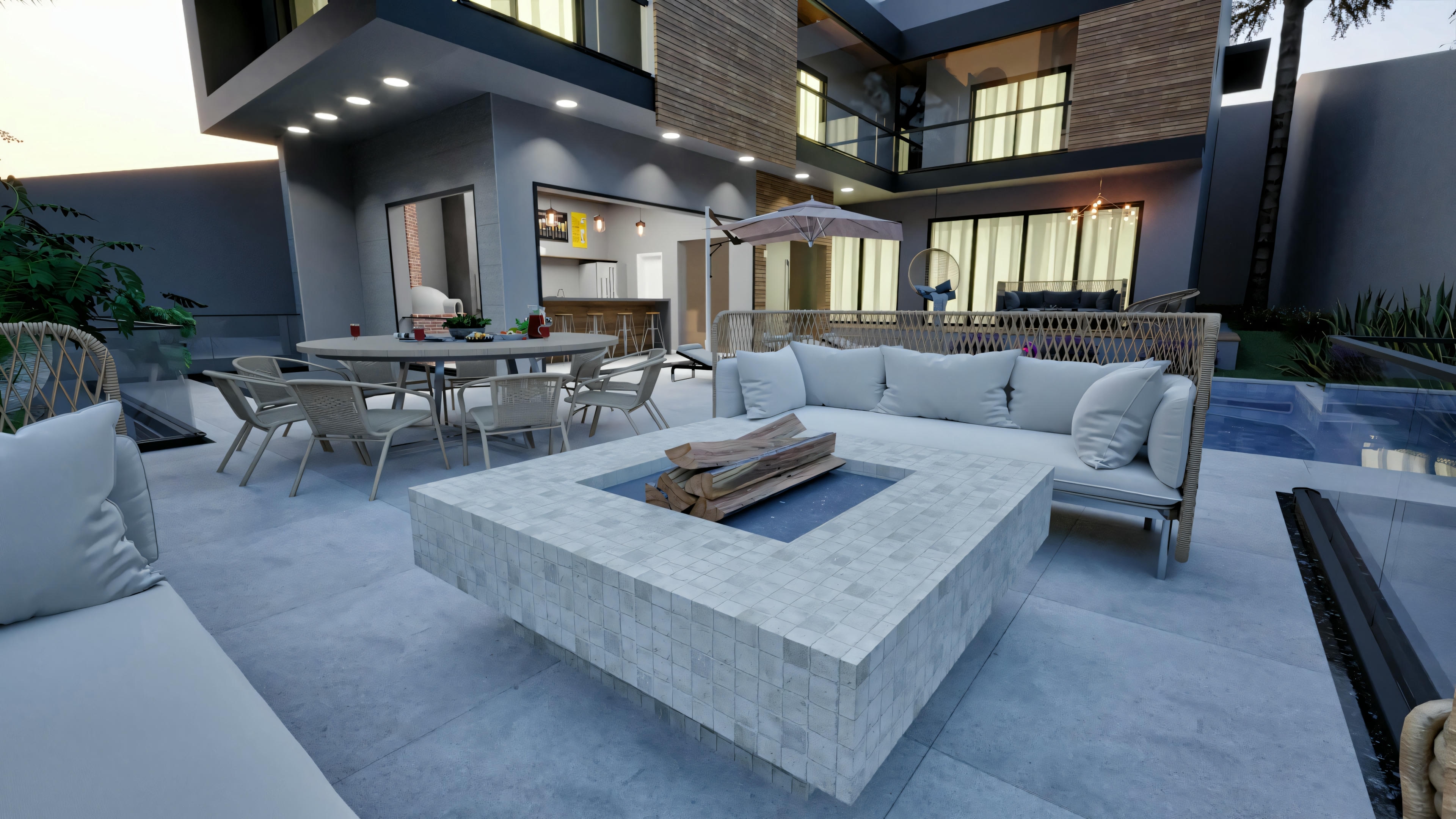 Integration of the outdoor leisure area with a fire pit and pool to the gourmet area of the modern 4-suite, 316.98m² ground floor house, rear facade view.