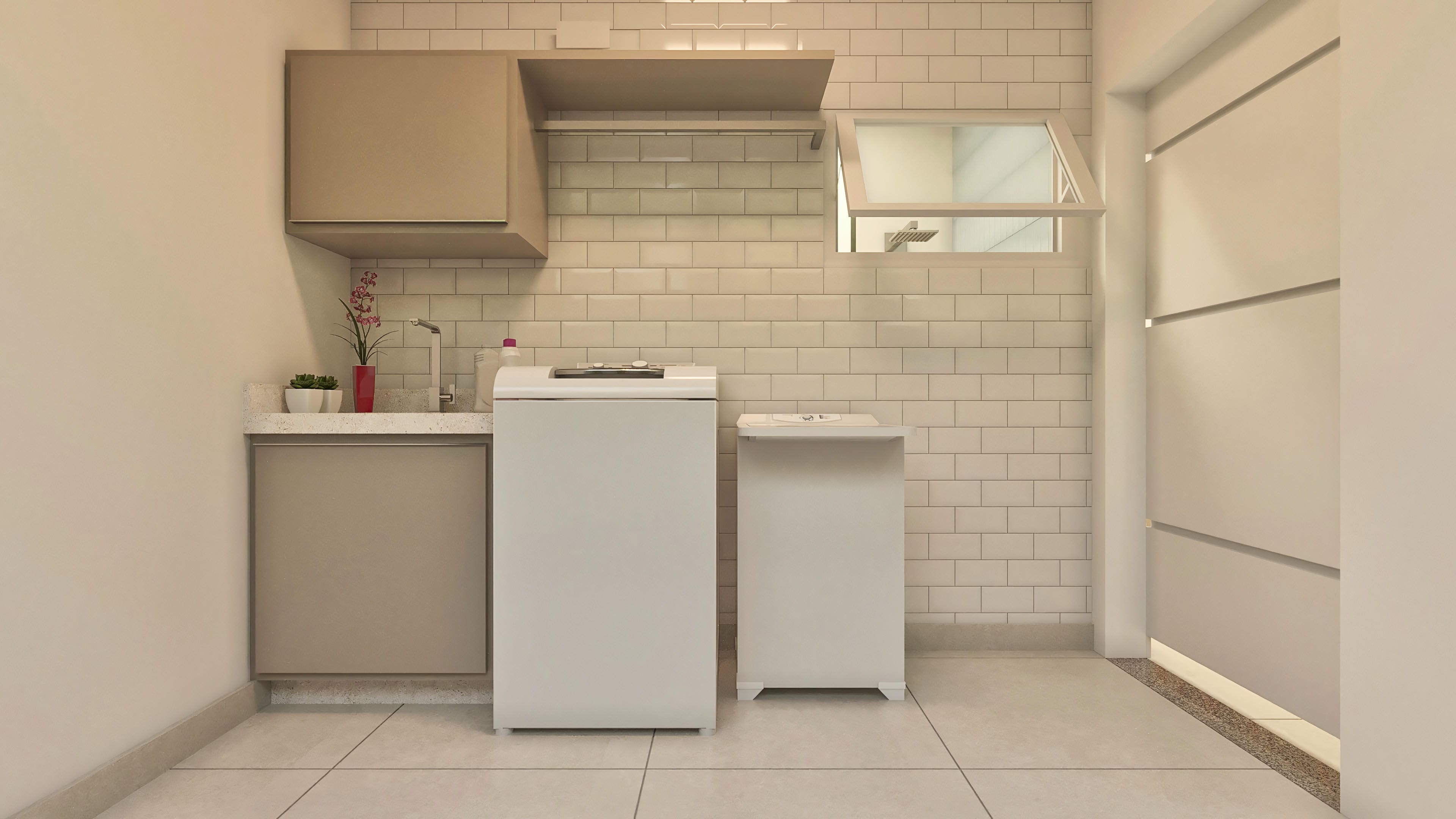 Kitchen and laundry with light tile cladding, granite counter, custom cabinets in neutral tones, and white appliances.