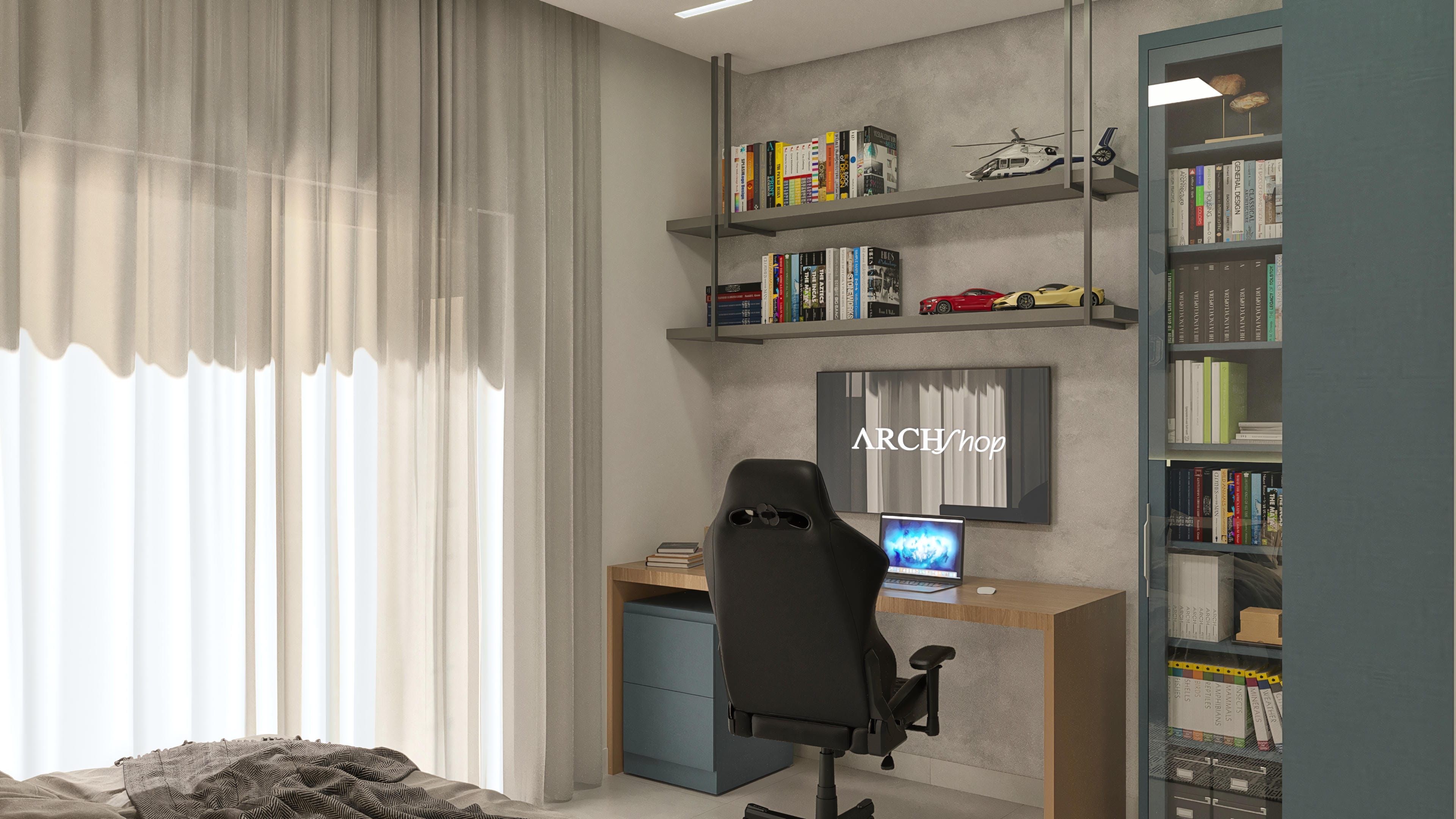 Interior de un despacho moderno con escritorio de madera, silla ergonómica negra y estanterías con libros y objetos decorativos. Las cortinas de colores claros filtran la luz natural.