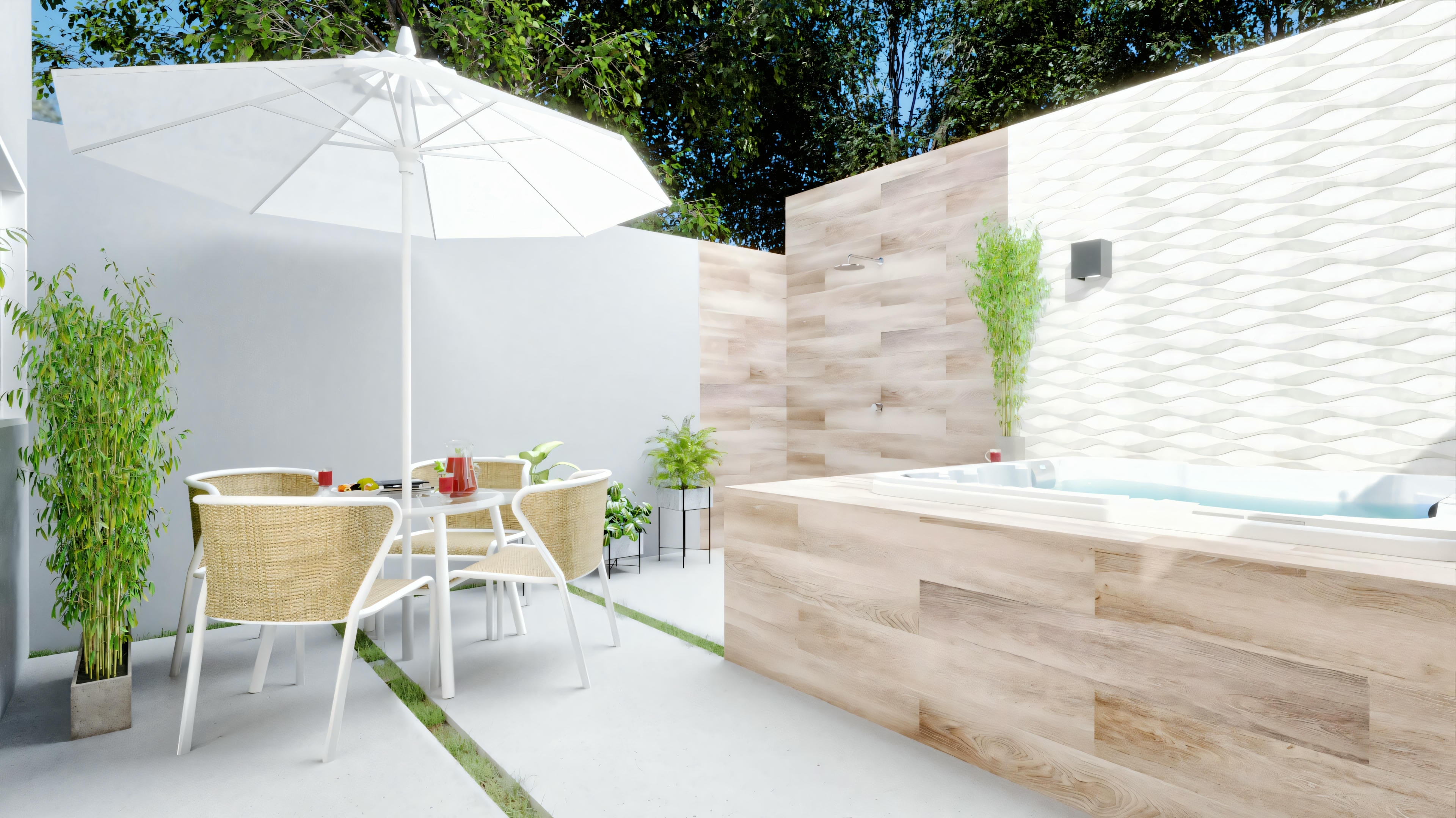 Outdoor area with dining table, chairs, and umbrella.