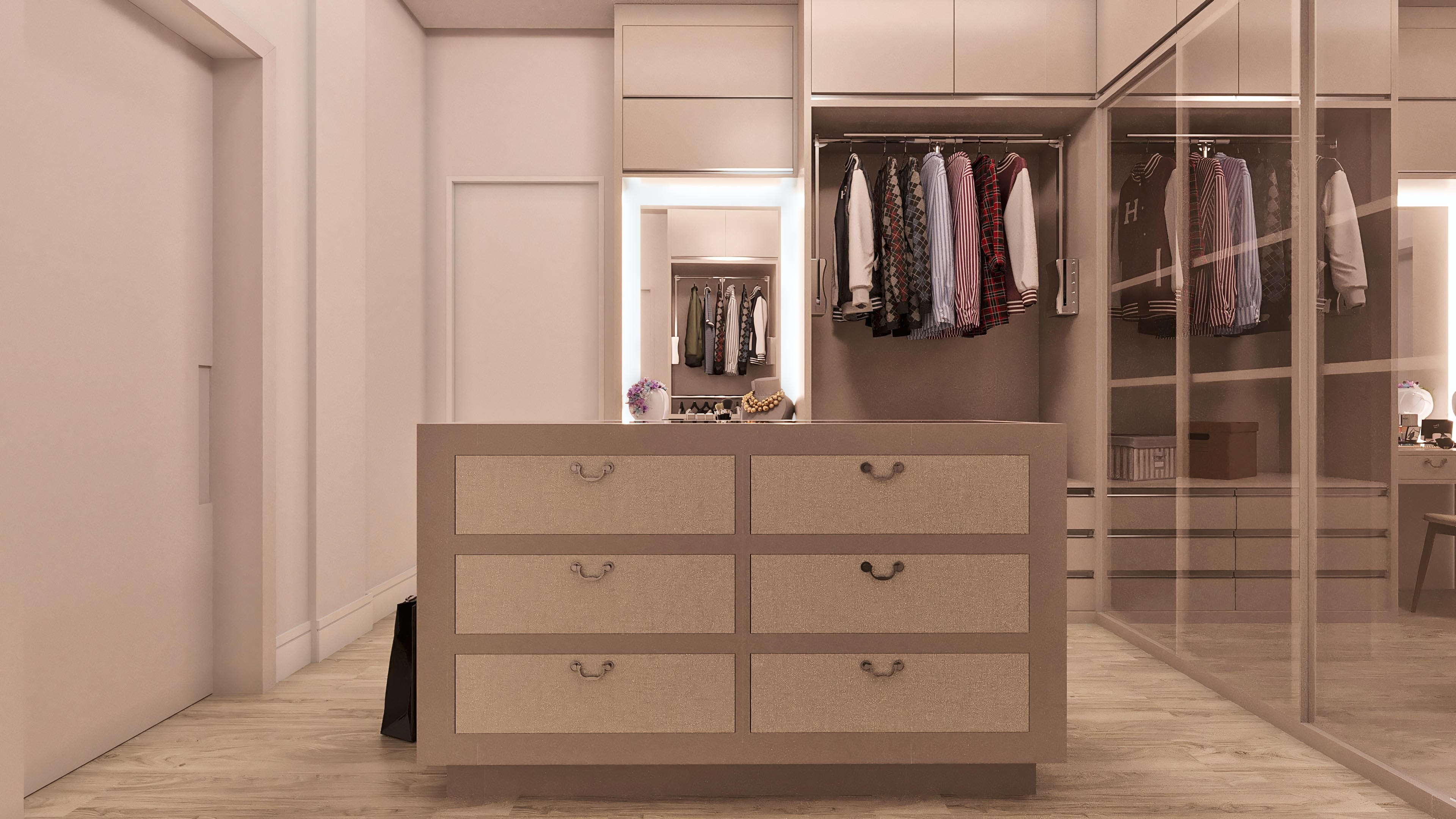 Modern closet with built-in lighting, shelves, and clothing racks. Includes a central piece of furniture with drawers and a mirrored niche.