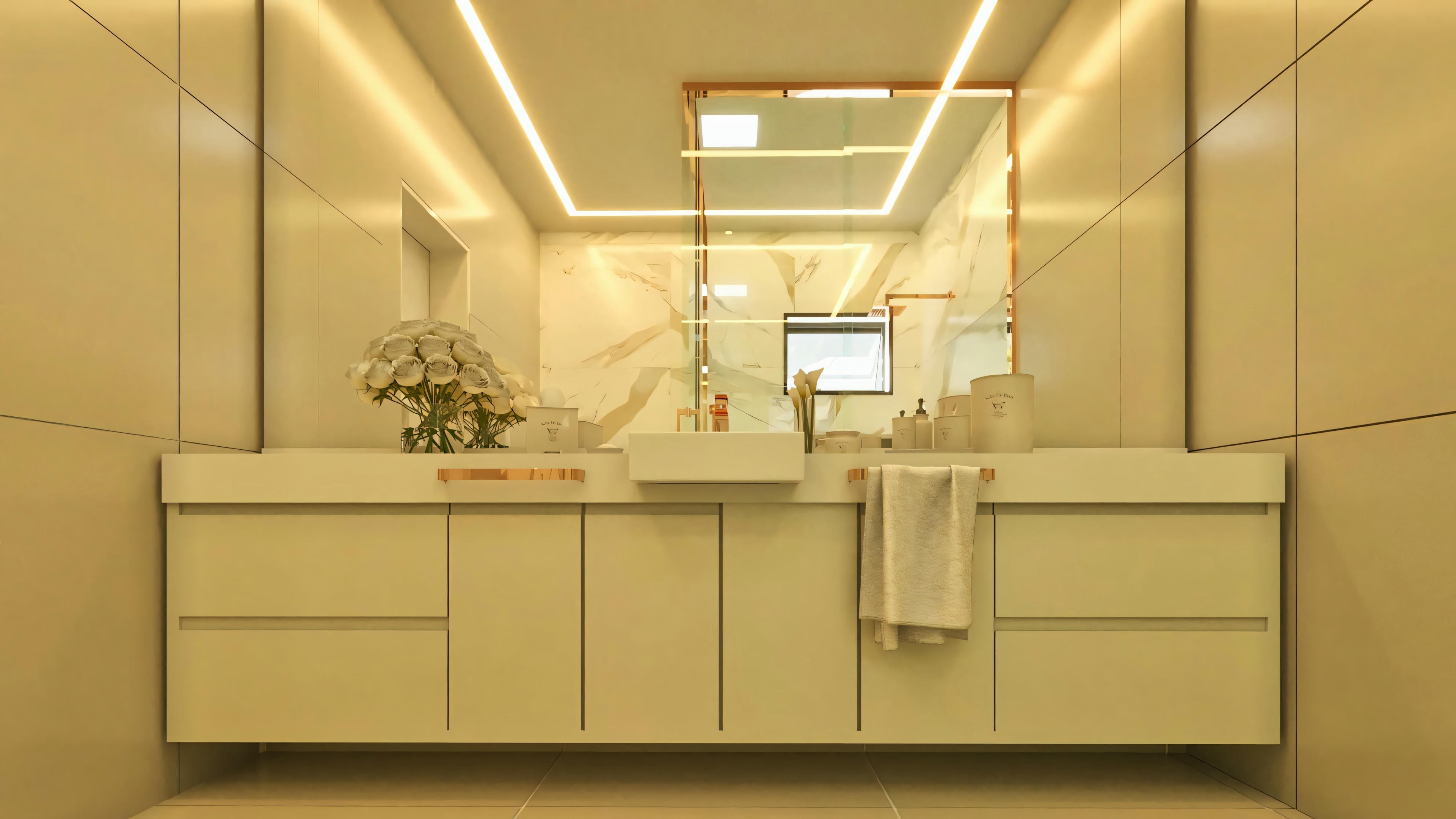 Baño de suite en proyecto de casa moderna, exhibiendo amplia mesada con lavamanos sobrepuesto, muebles planejados en laca clara, espejo con marco y tiradores en metal cobrizo/rosado. Proyecto luminotécnico con LED empotrado en el cielorraso. Uno de los 7 baños de la casa de 4 suites y 555.9m².