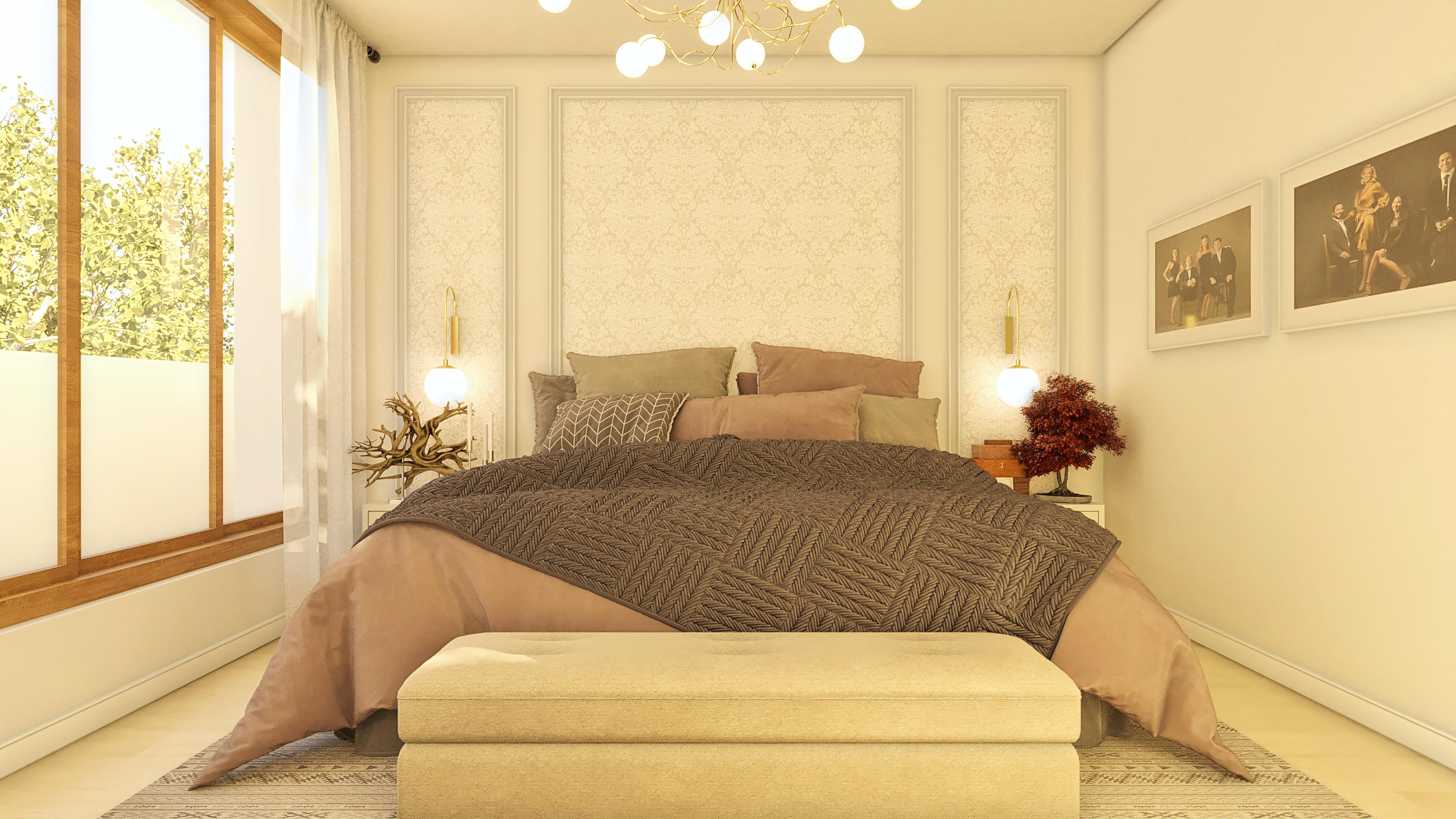 Habitación de matrimonio moderna con amplias ventanas de madera, tonos neutros, papel tapiz texturizado, lámpara colgante dorada y deck de madera.