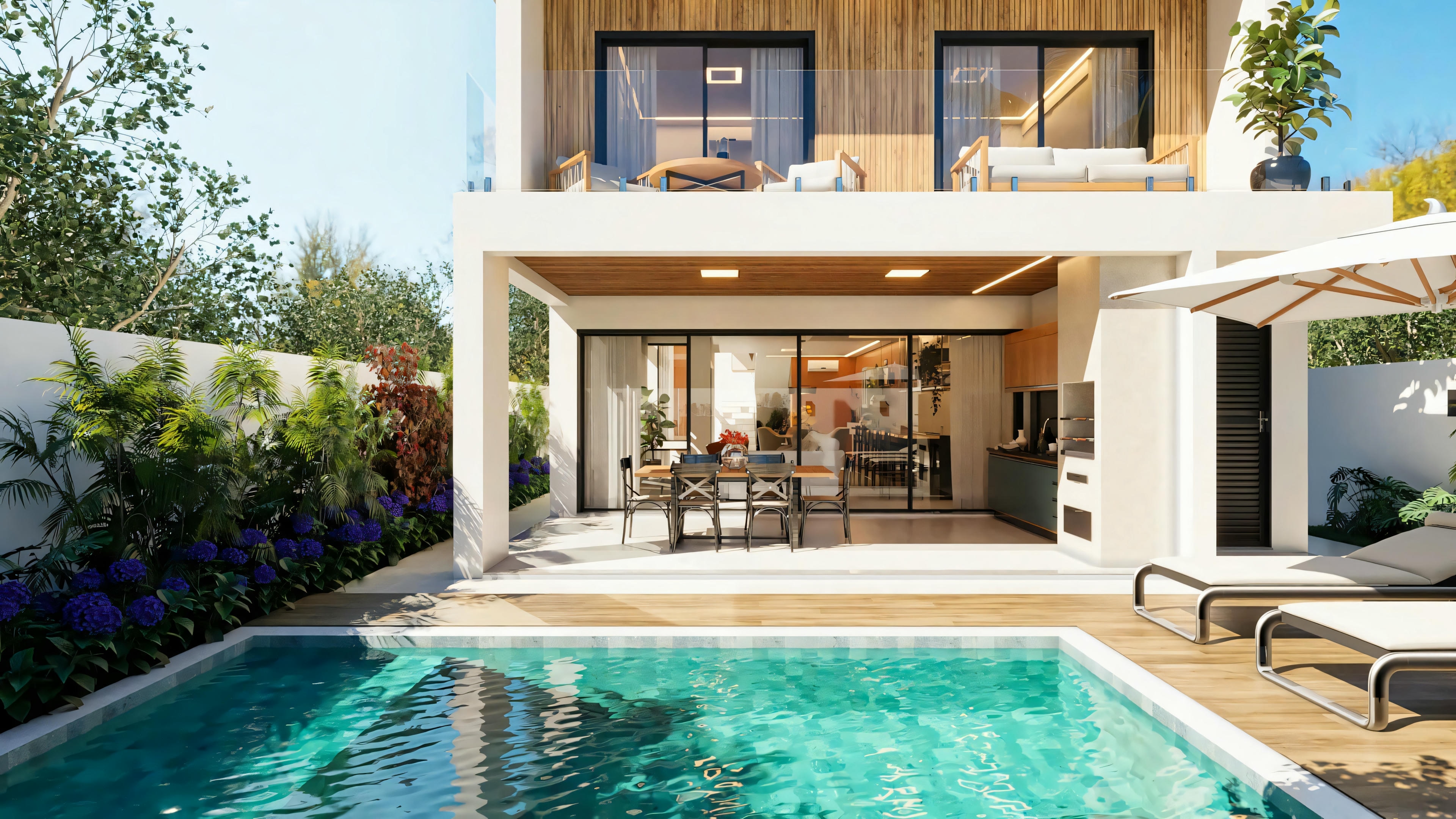Rear facade of the two-story house project with a pool and gourmet area integrated on the ground floor. Upper floor with a balcony with a glass railing and wood-look cladding. 330m² two-story house with 3 suites.