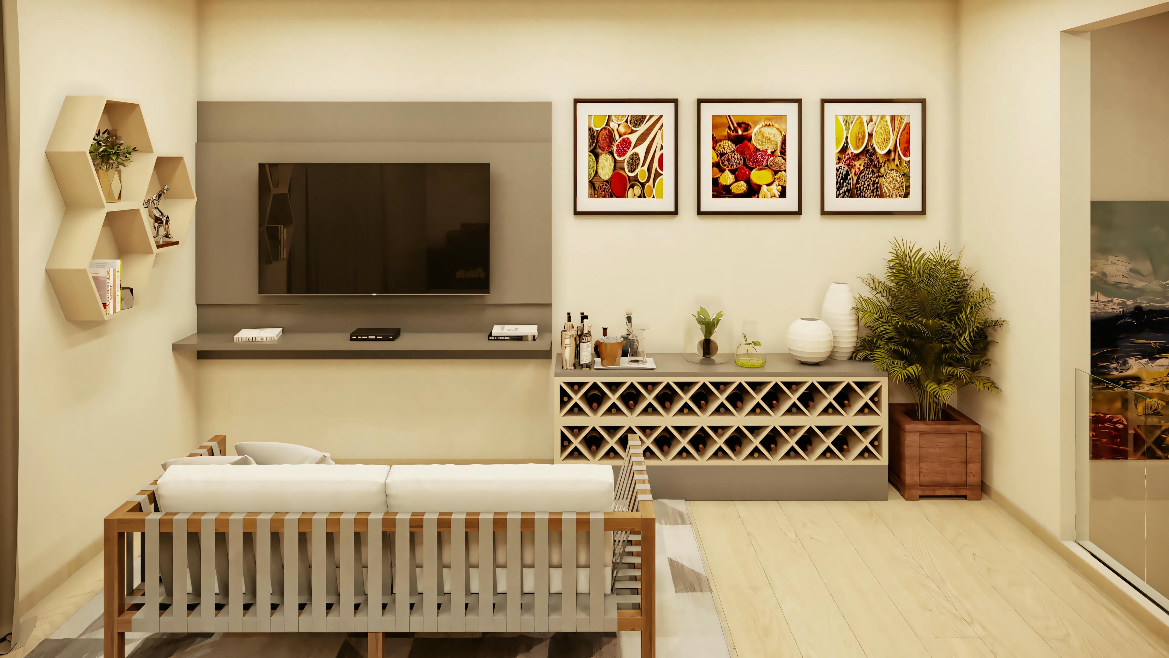 Un salón com televisión, sofá y estanterías decorativas.