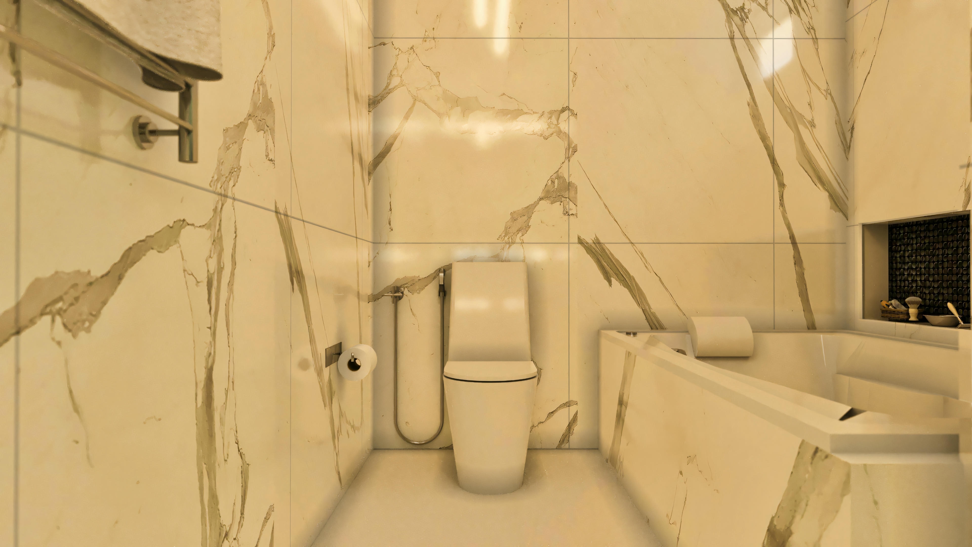 Detail of the toilet area in a suite bathroom, with marble cladding and modern fixtures. This environment is part of a 4-suite, 394.84sqm house project with a pool and gourmet area, on a 20x25 lot.