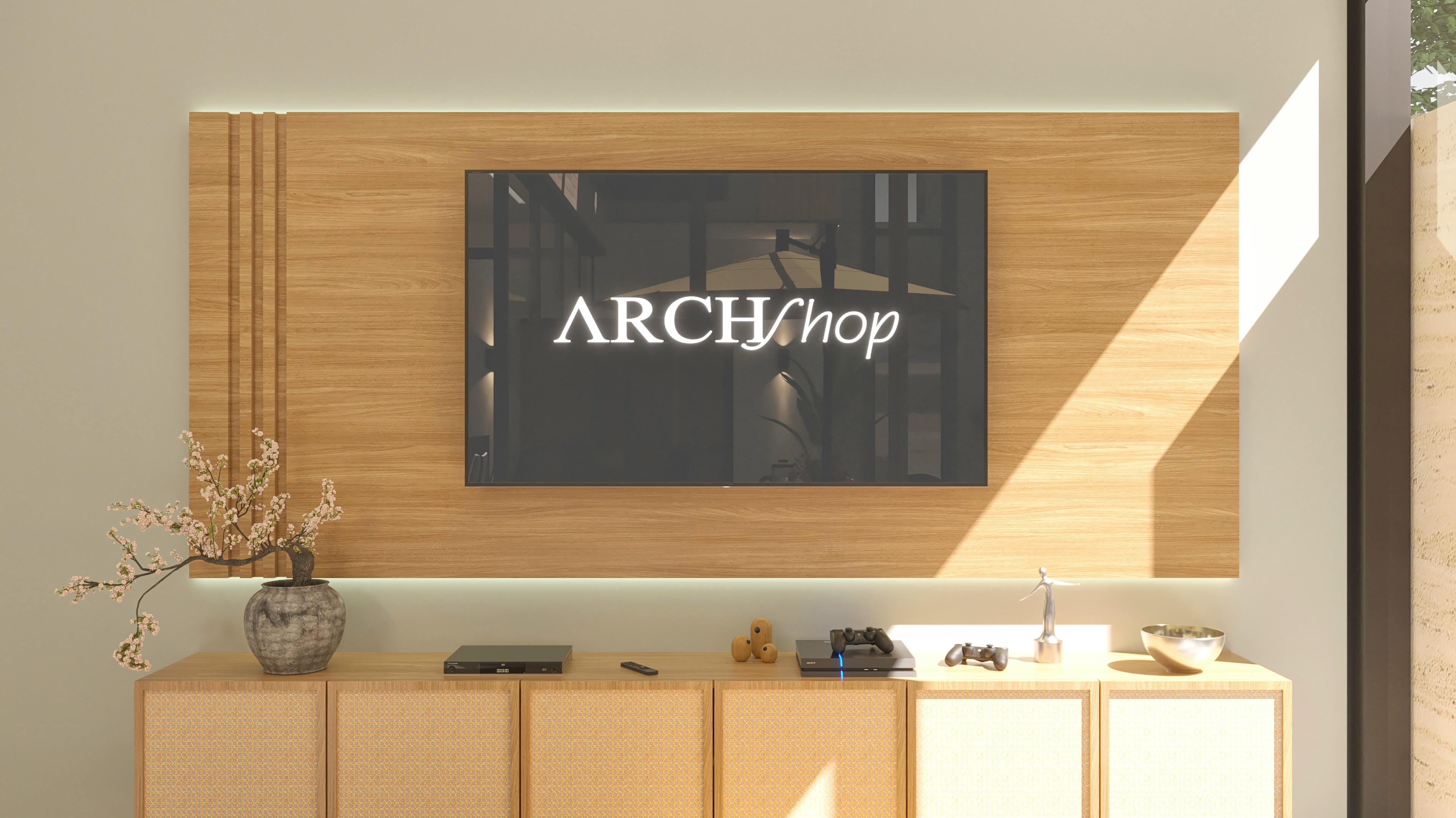 Slatted panel in light wood with LED lighting frames a modern TV in a living room integrated with the external area featuring designer furniture and decor.