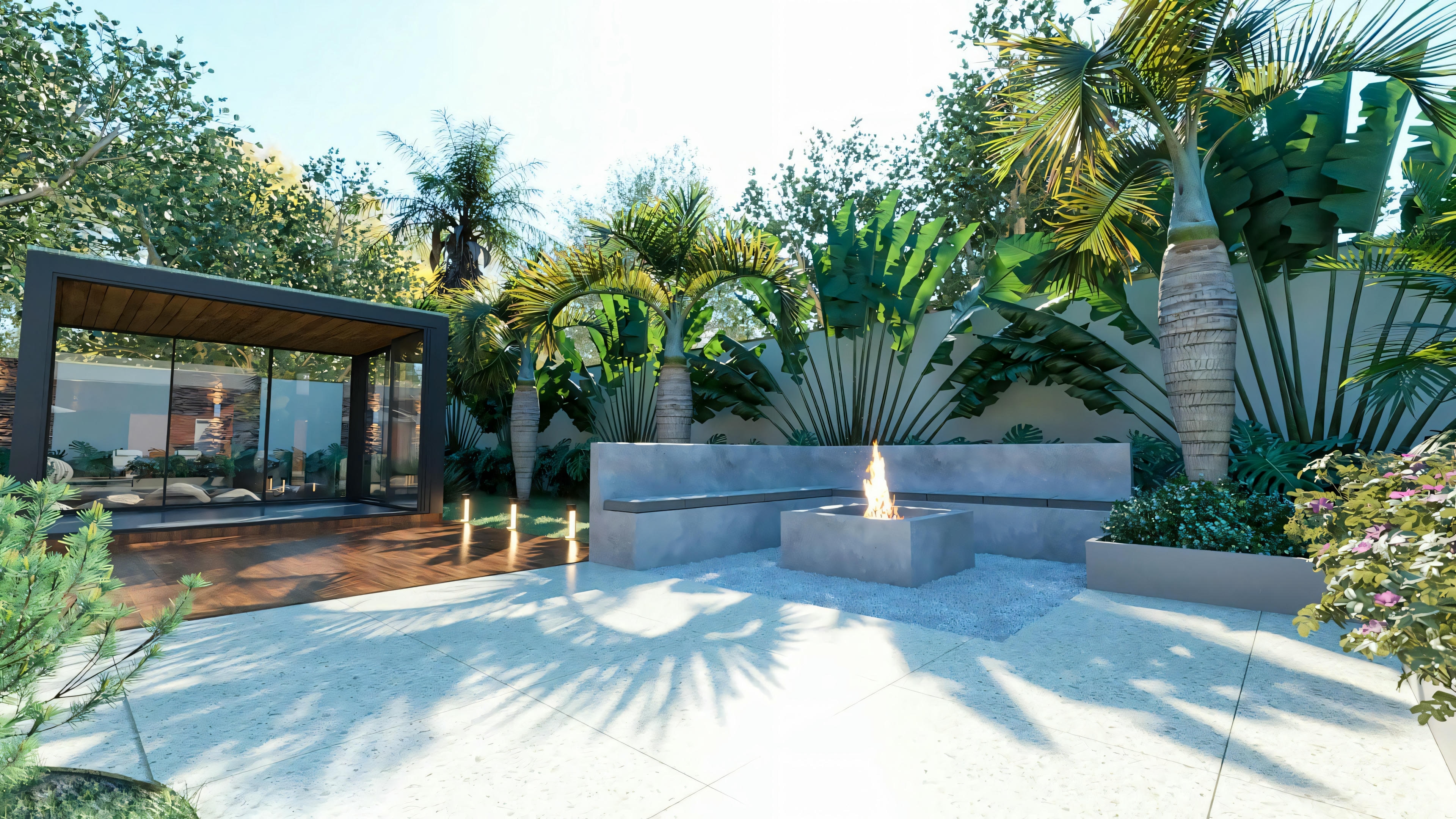 Área de ocio con espacio gourmet acristalado, chimenea externa (fogón) con bancos de hormigón y paisajismo tropical. Proyecto casa planta baja con 3 suites y área gourmet.