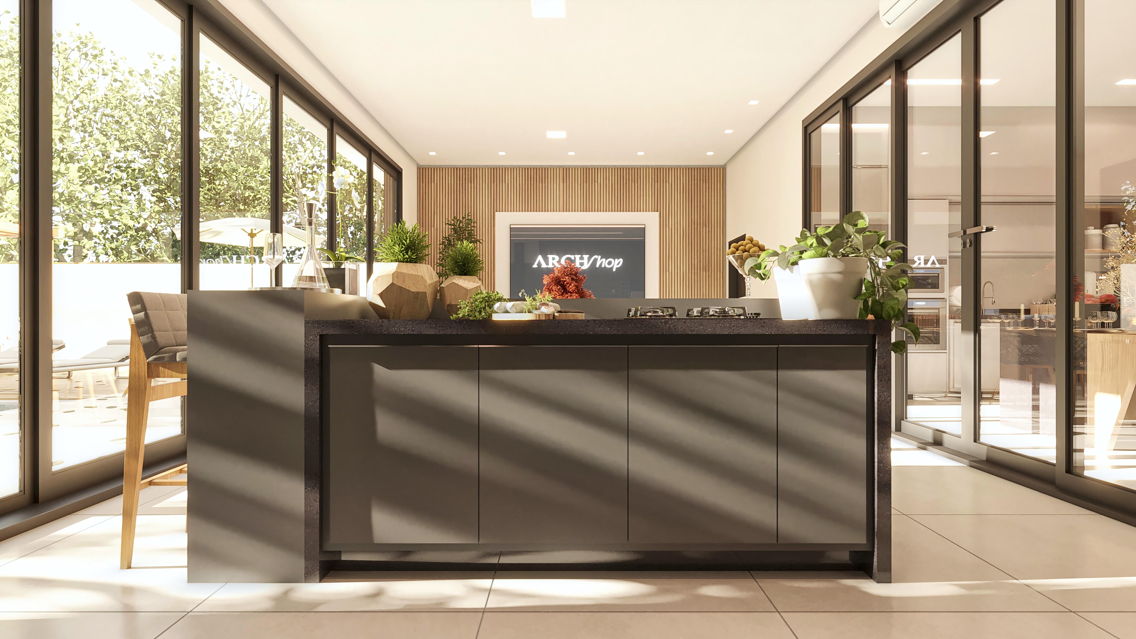 Proyecto de casa de una planta con 3 suites, área gourmet y piscina. Destaca la integración de los ambientes con grandes ventanas que conectan interior y exterior, y acabados modernos.