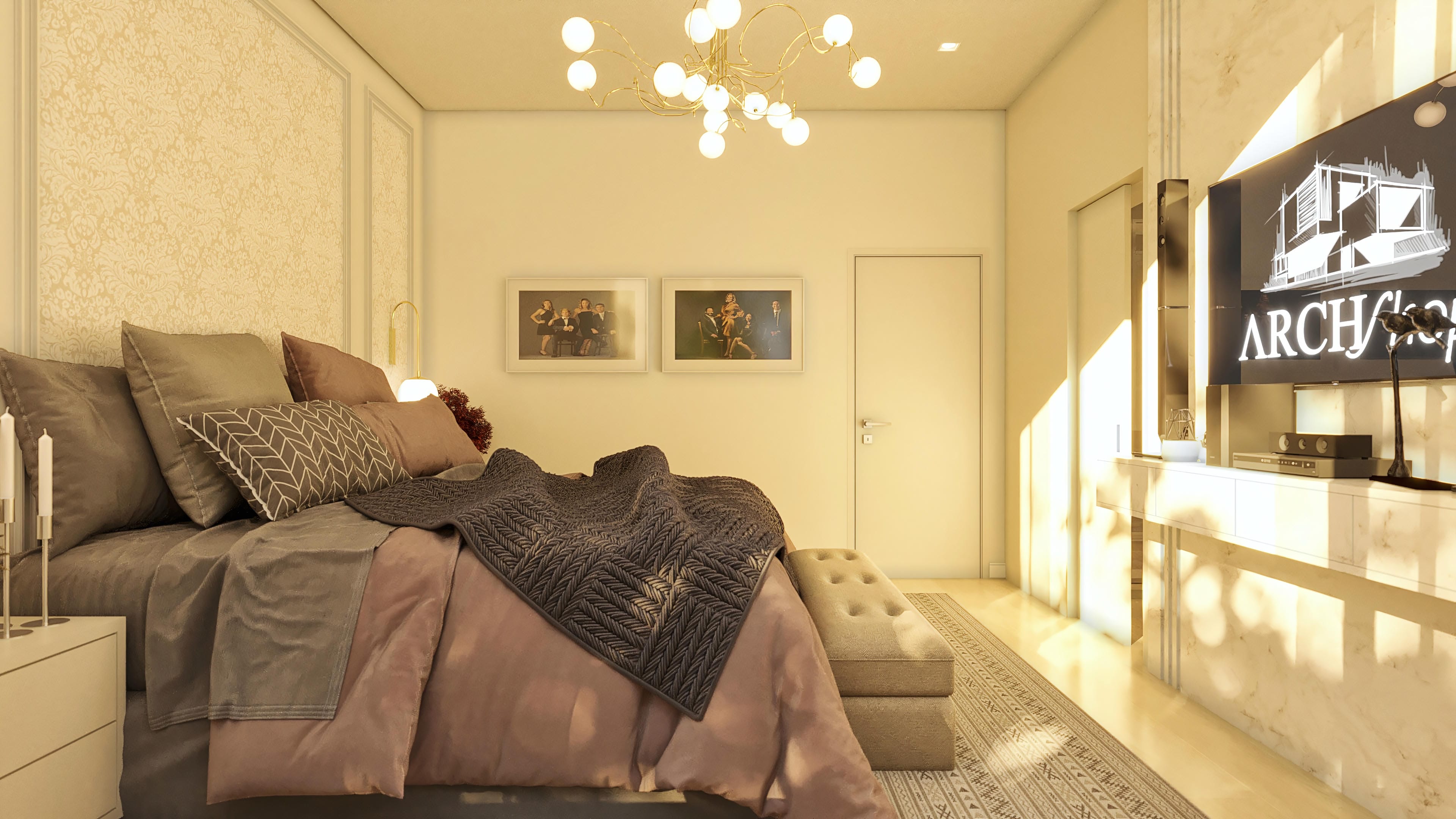 Single-story bedroom with modern decoration and neutral tones, featuring a spacious bed with soft sheets, headboard with textured wallpaper, and highlighted lighting.