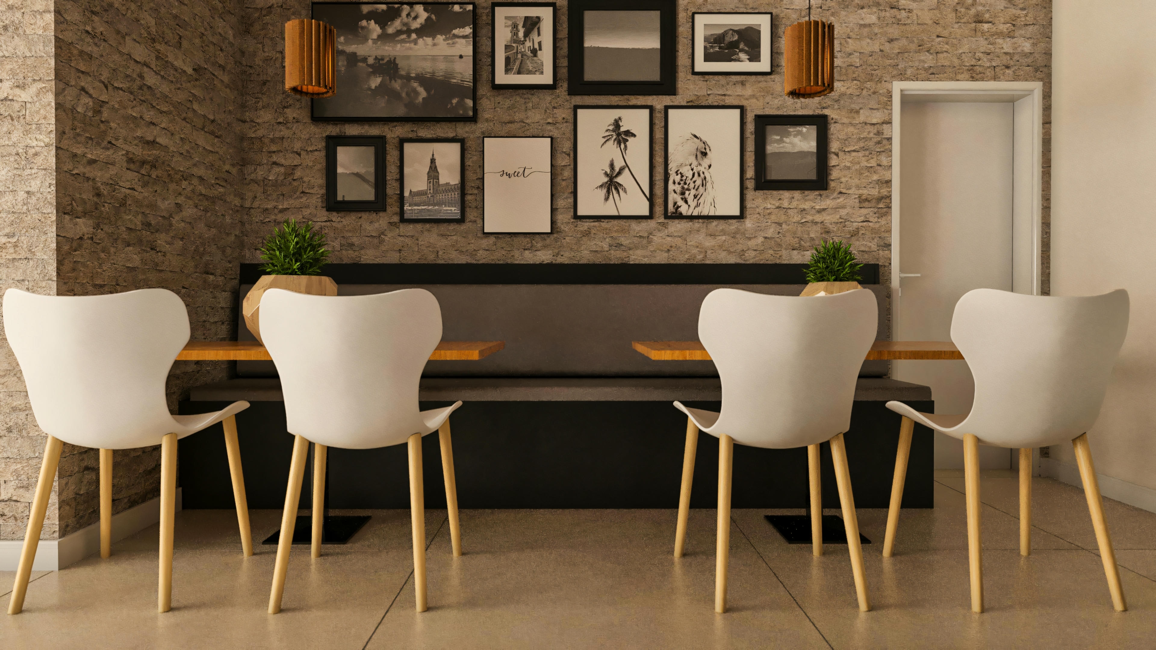 Gourmet area or dining room space in a 4-suite pool and office house project. The image shows a stone-clad wall, upholstered bench, modern design tables and chairs, and a picture gallery, part of a 20x25 lot model house with 394.84sqm.