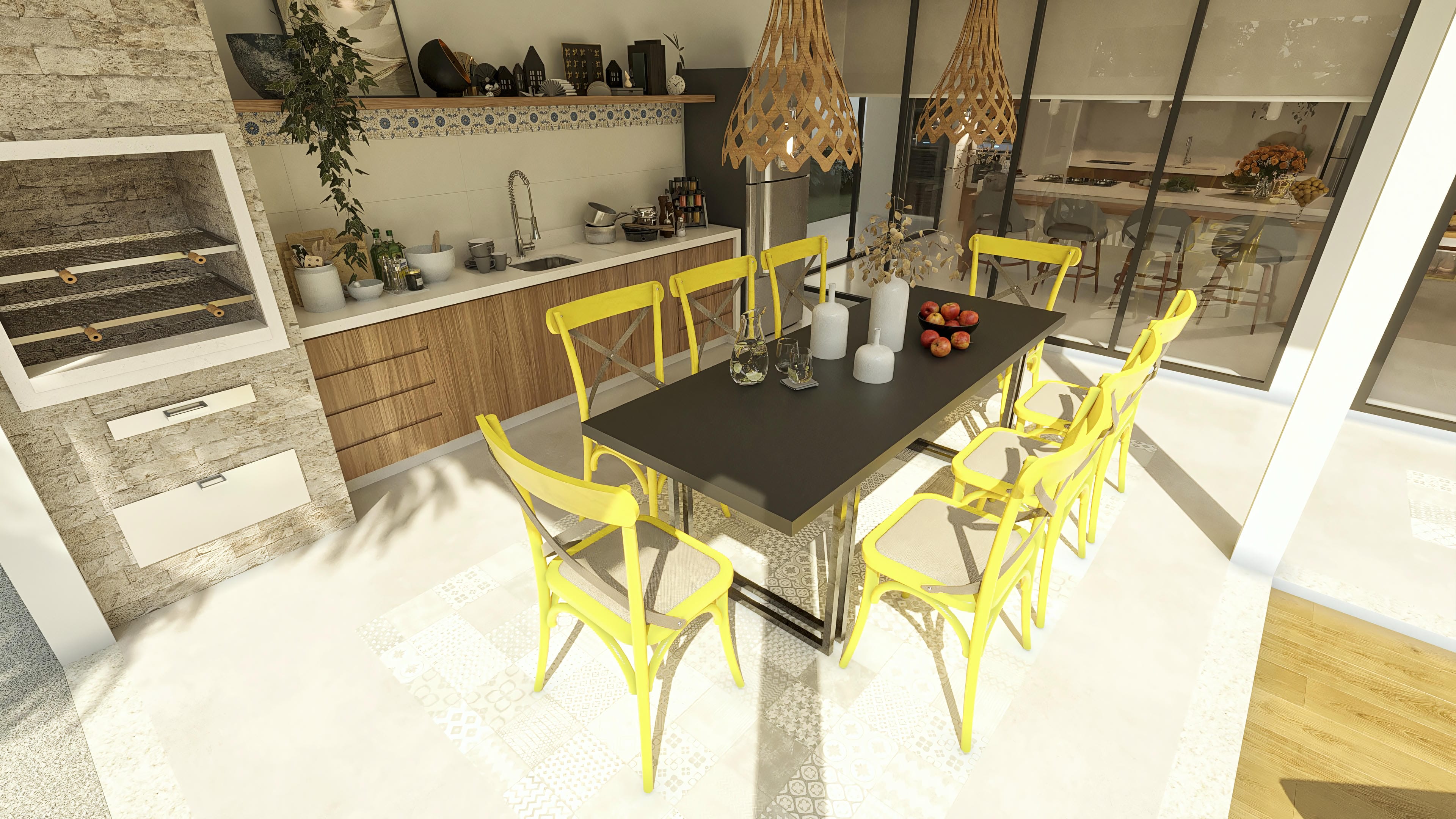 Gourmet area environment with barbecue grill, marble counter, custom cabinets, and dining table with vibrant yellow chairs.