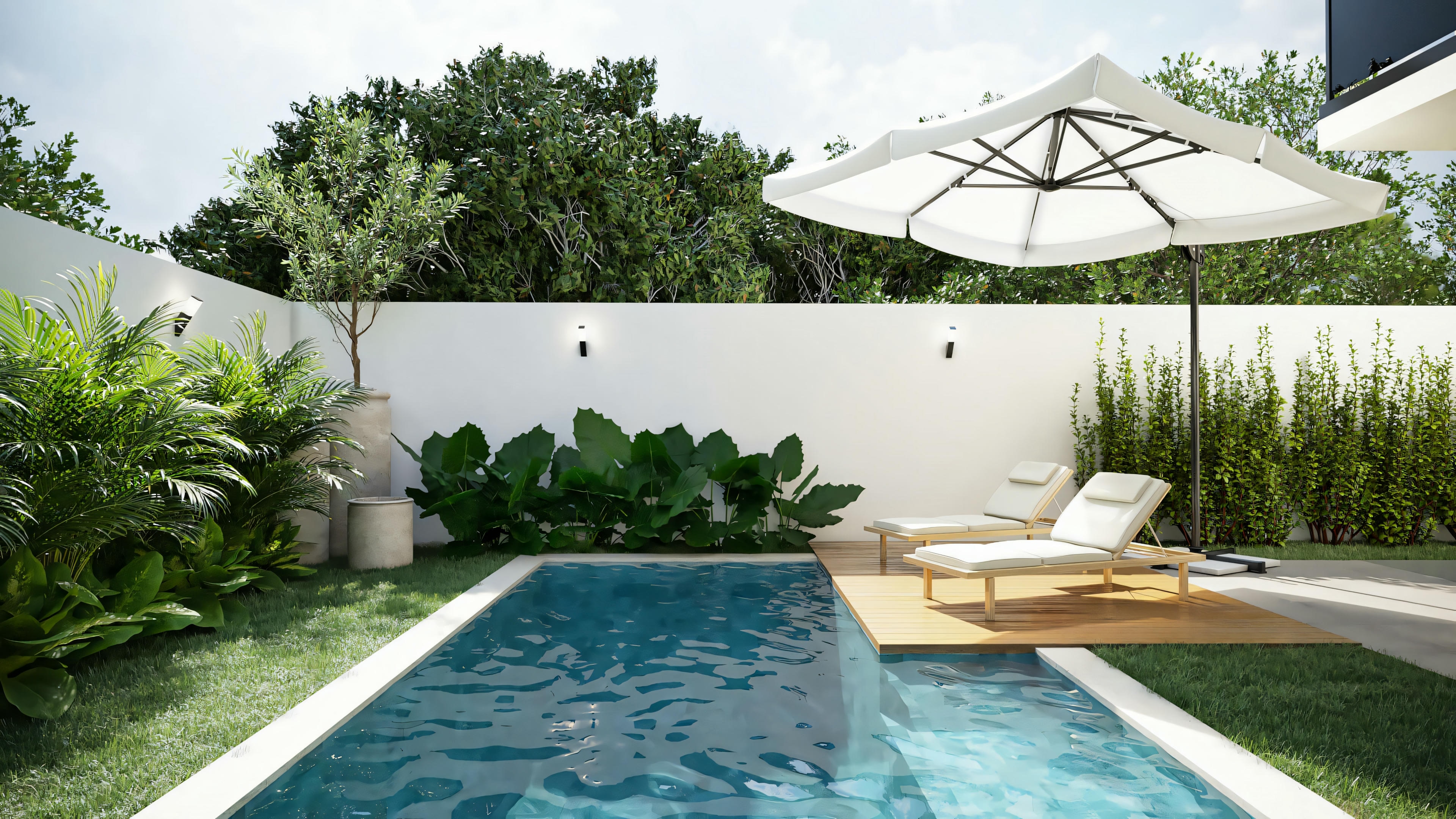Jardín moderno con piscina, área de estar y vegetación exuberante.