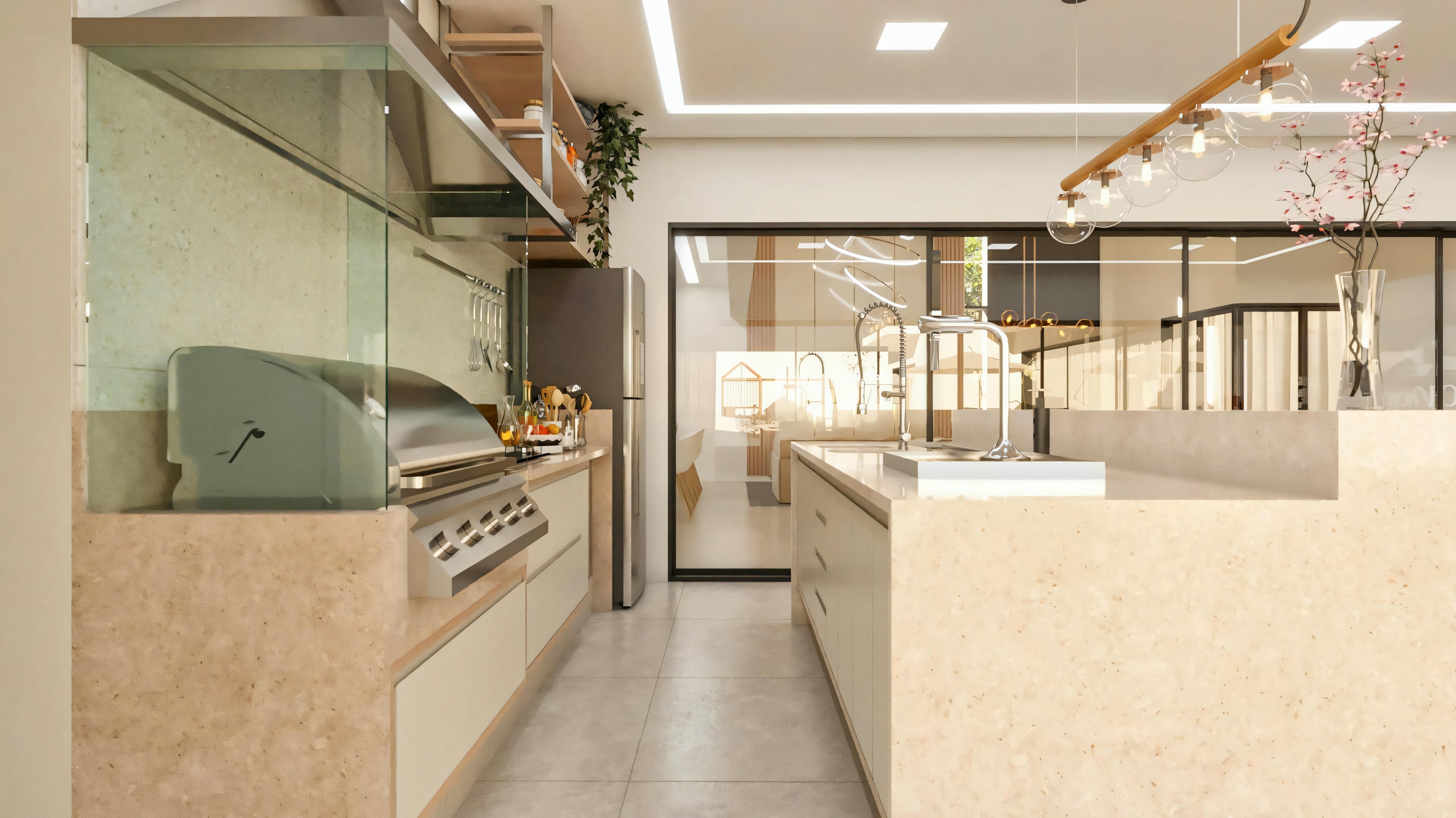 Side view of the gourmet area in a luxury house project, showing a barbecue with a hood, cooktop, light stone countertops, lower cabinets, refrigerator, and island support with a sink.
