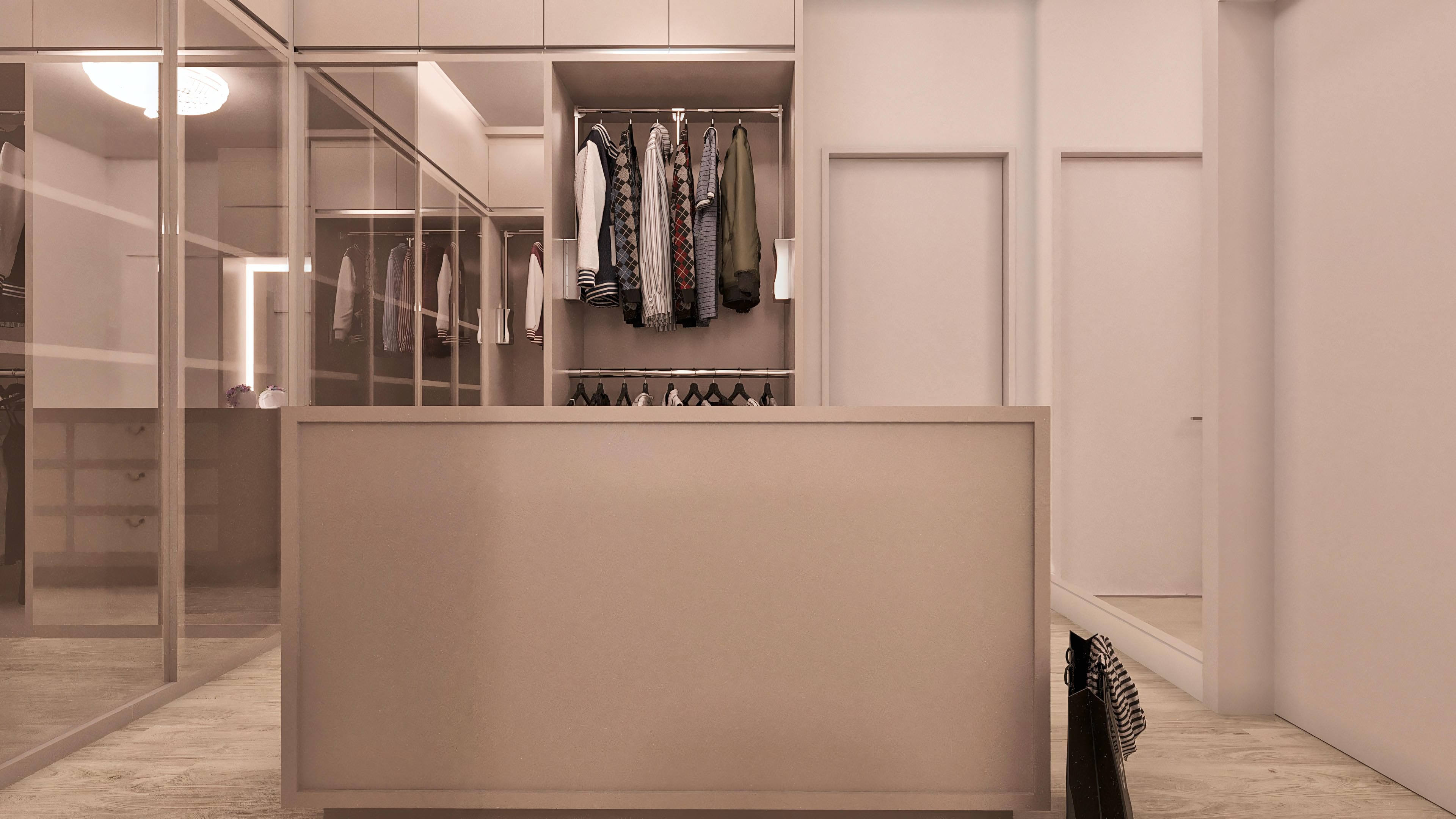 Interior of a closet with planned furniture in neutral tones. Highlight for cabinets with glass doors, illuminated shelves, and racks with organized clothes. The light wood floor brings elegance.
