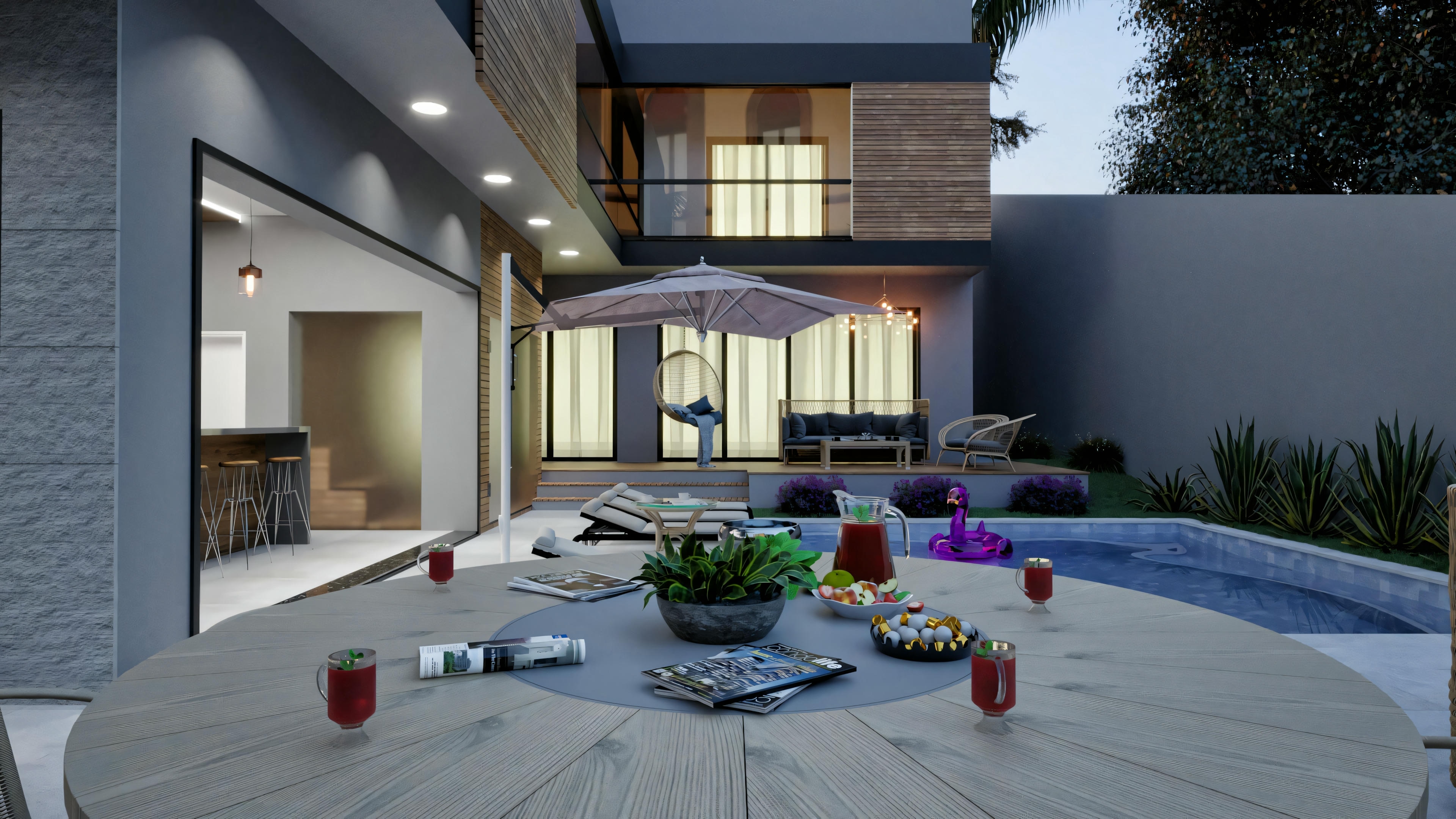 Outdoor dining area connected to the pool and deck with sofas, part of the leisure area of a modern 4-suite, 316.98m² ground floor house.