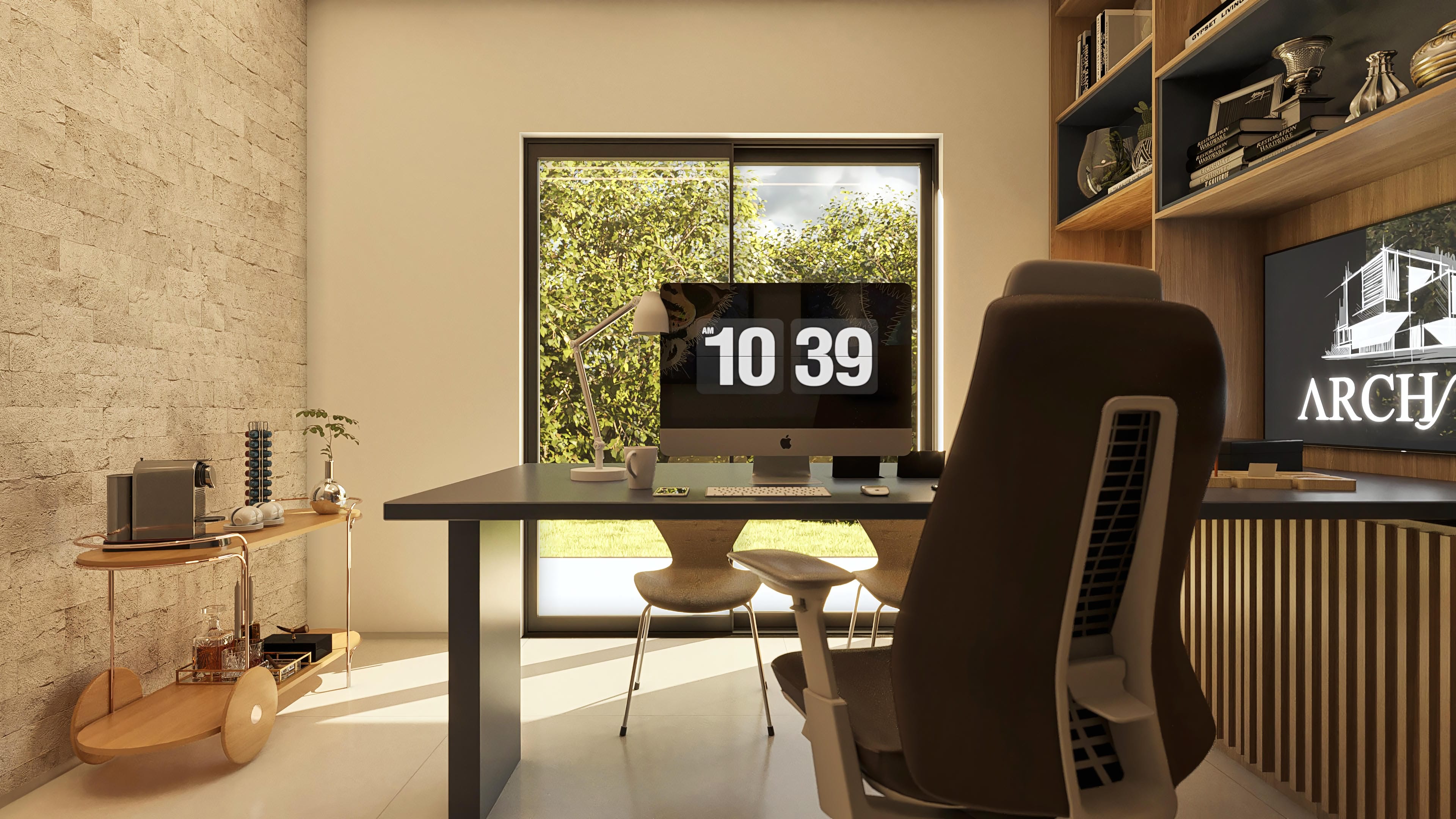 Interior of a modern office with a rustic brick wall, large window overlooking lush vegetation, clean furniture, and wooden details.