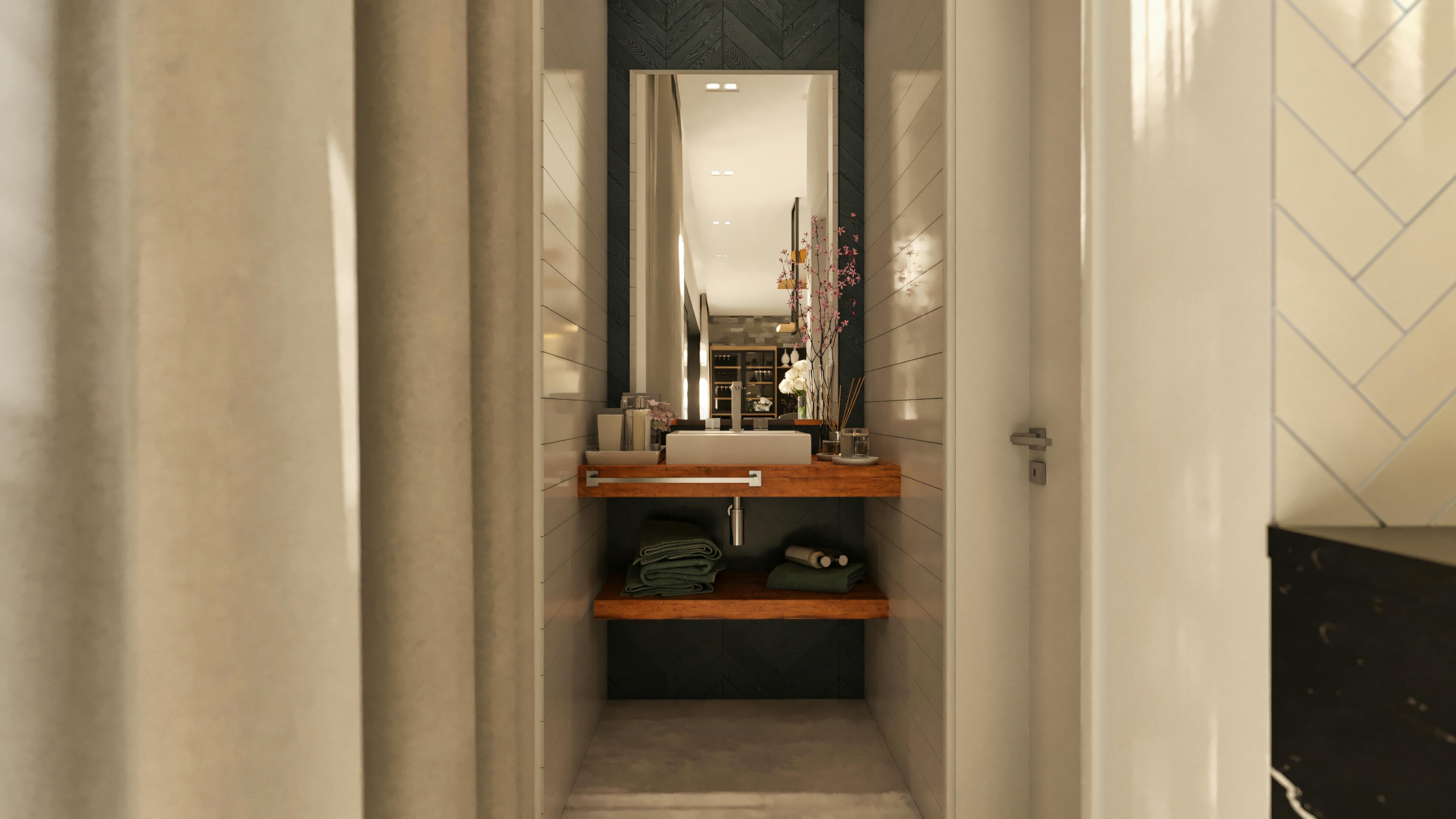 Social powder room of the high-standard house, featuring a wooden countertop, rectangular white vessel sink, tall vertical mirror, and walls with distinct claddings.