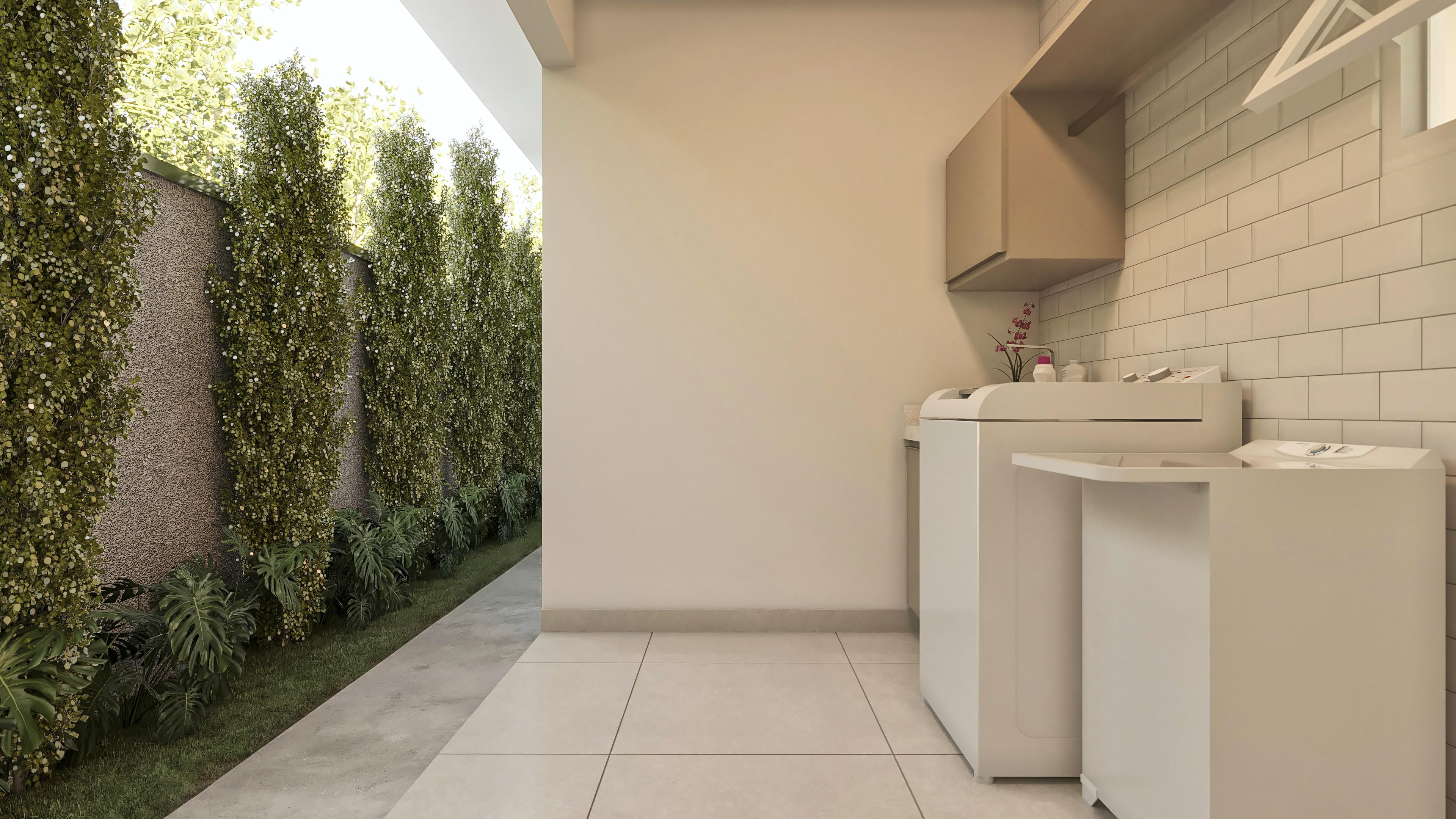 Modern single-story house project with minimalist facade and textured cladding, harmonized with lush landscaping and functional service area.