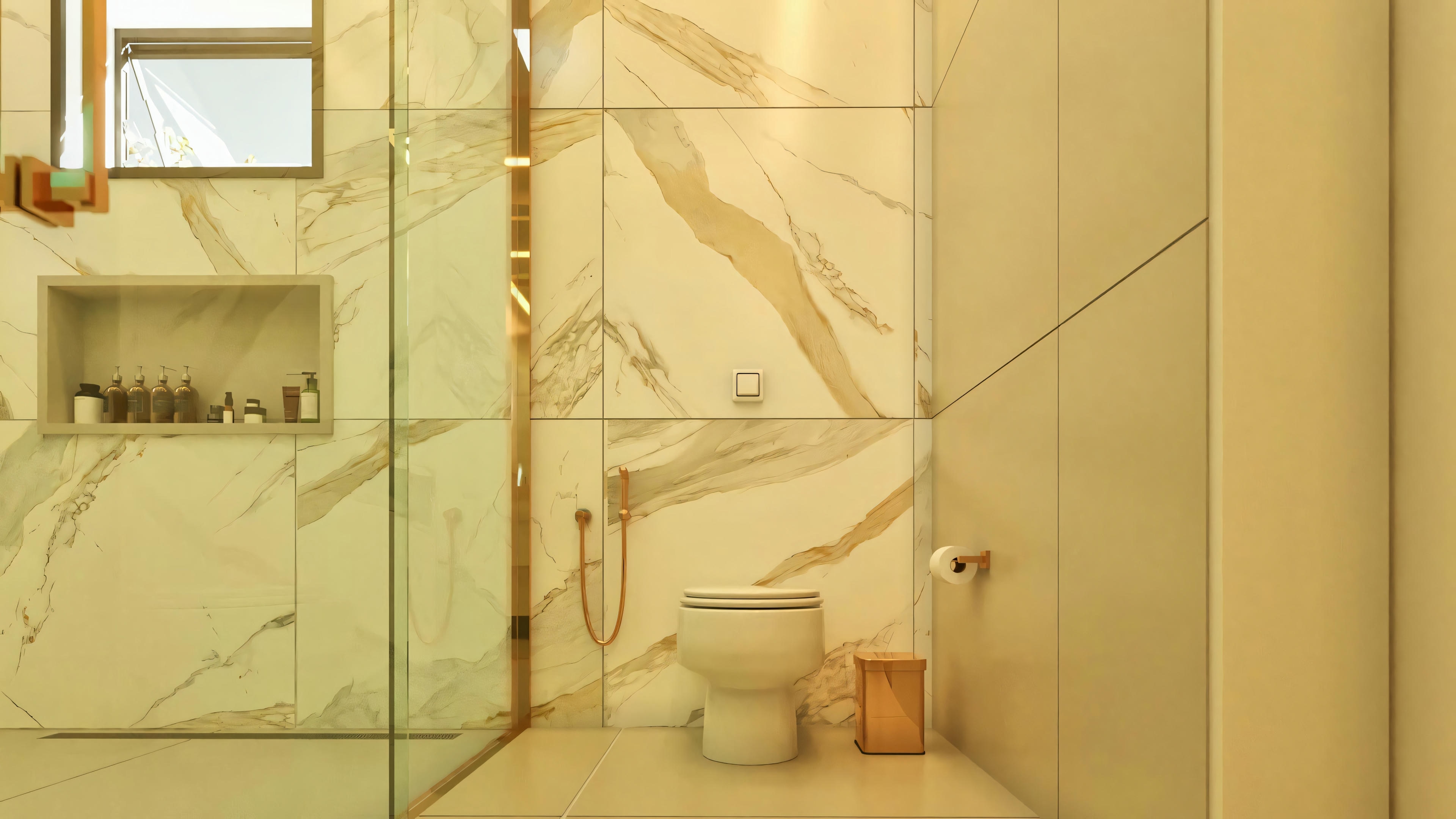 Baño de suite en proyecto de casa moderna, destacando revestimiento en porcelanato efecto mármol Calacatta Gold, inodoro, ducha con perfilería y grifería (ducha de mano, porta papel higiénico) en tono cobre/rosado. Nicho en la ducha visible. Uno de los 7 baños del proyecto de casa con 4 suites y piscina.