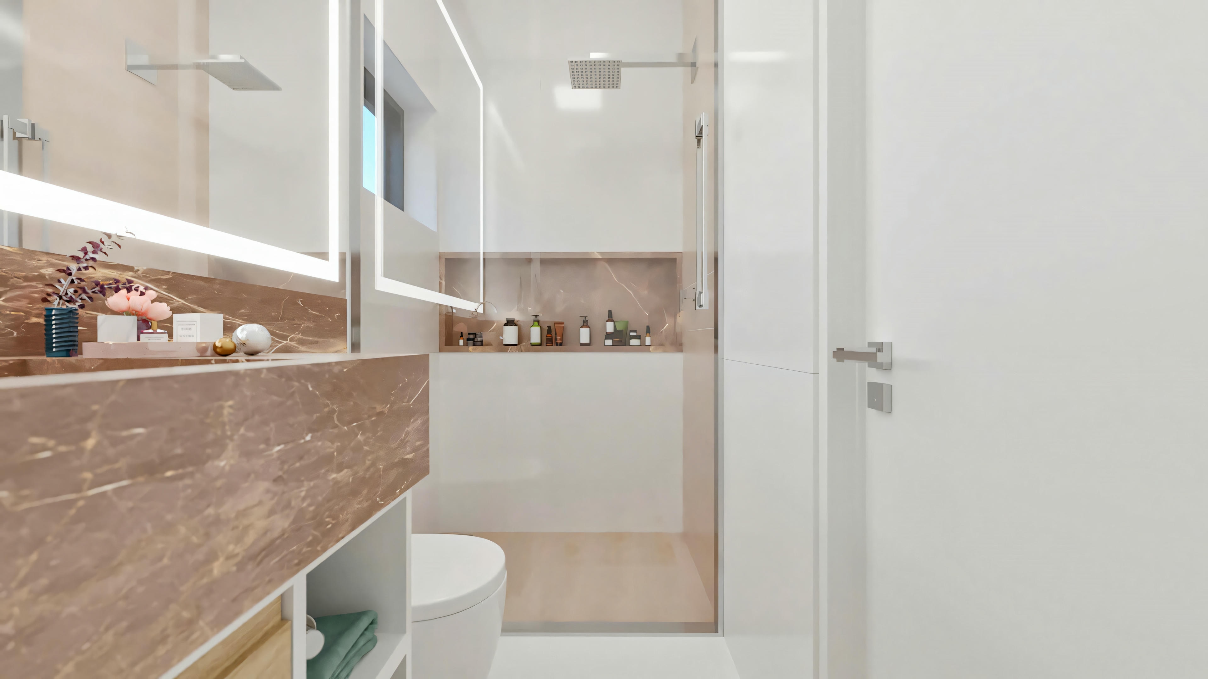 Suite bathroom shower box in a ready-made project with 5 suites, highlighting the built-in niche in the wall covered with brown marble, light wood style flooring, and high window for ventilation.