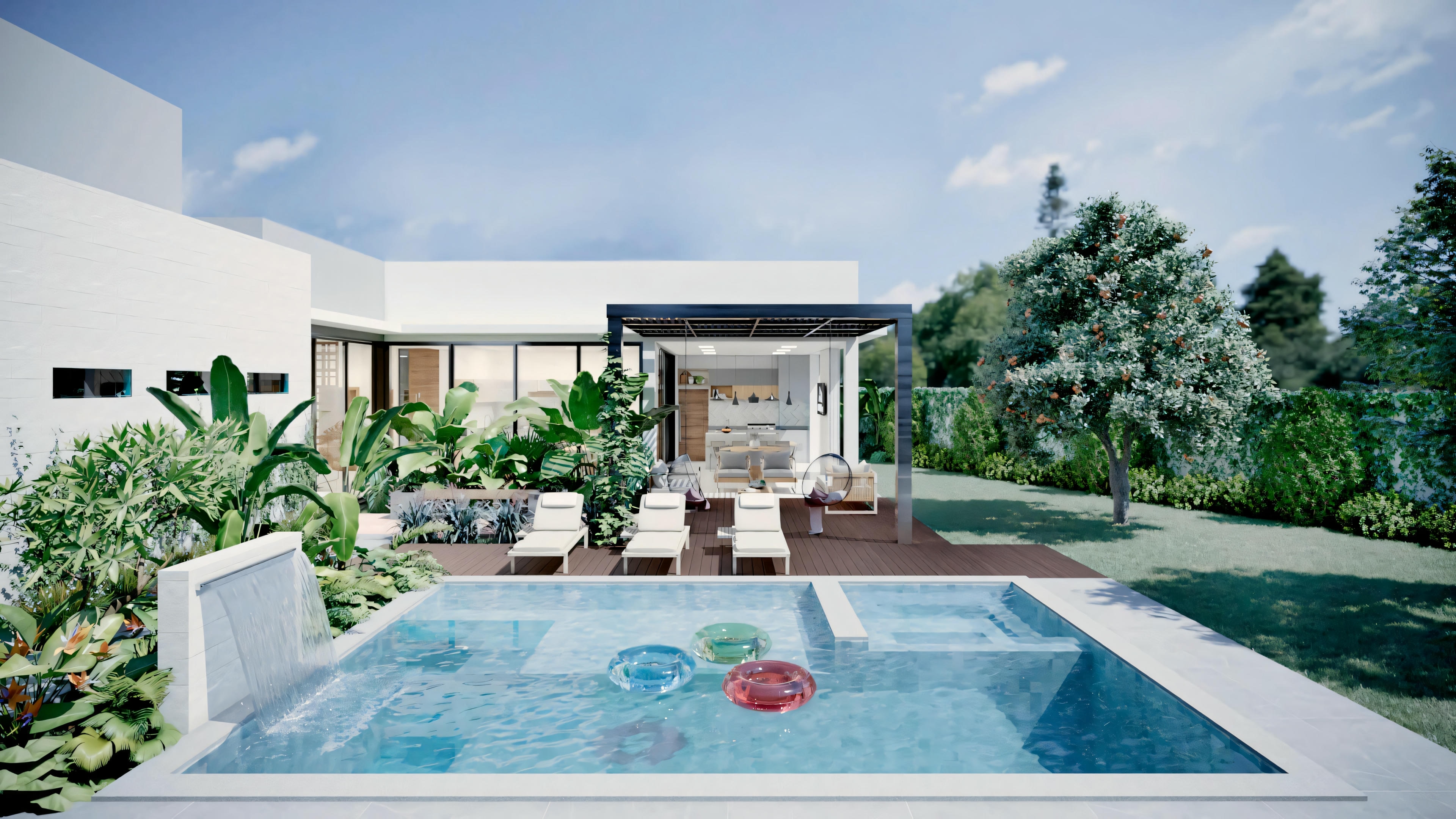 Zona exterior con piscina rodeada de vegetación exuberante y paisajismo moderno, creando un espacio de ocio acogedor.