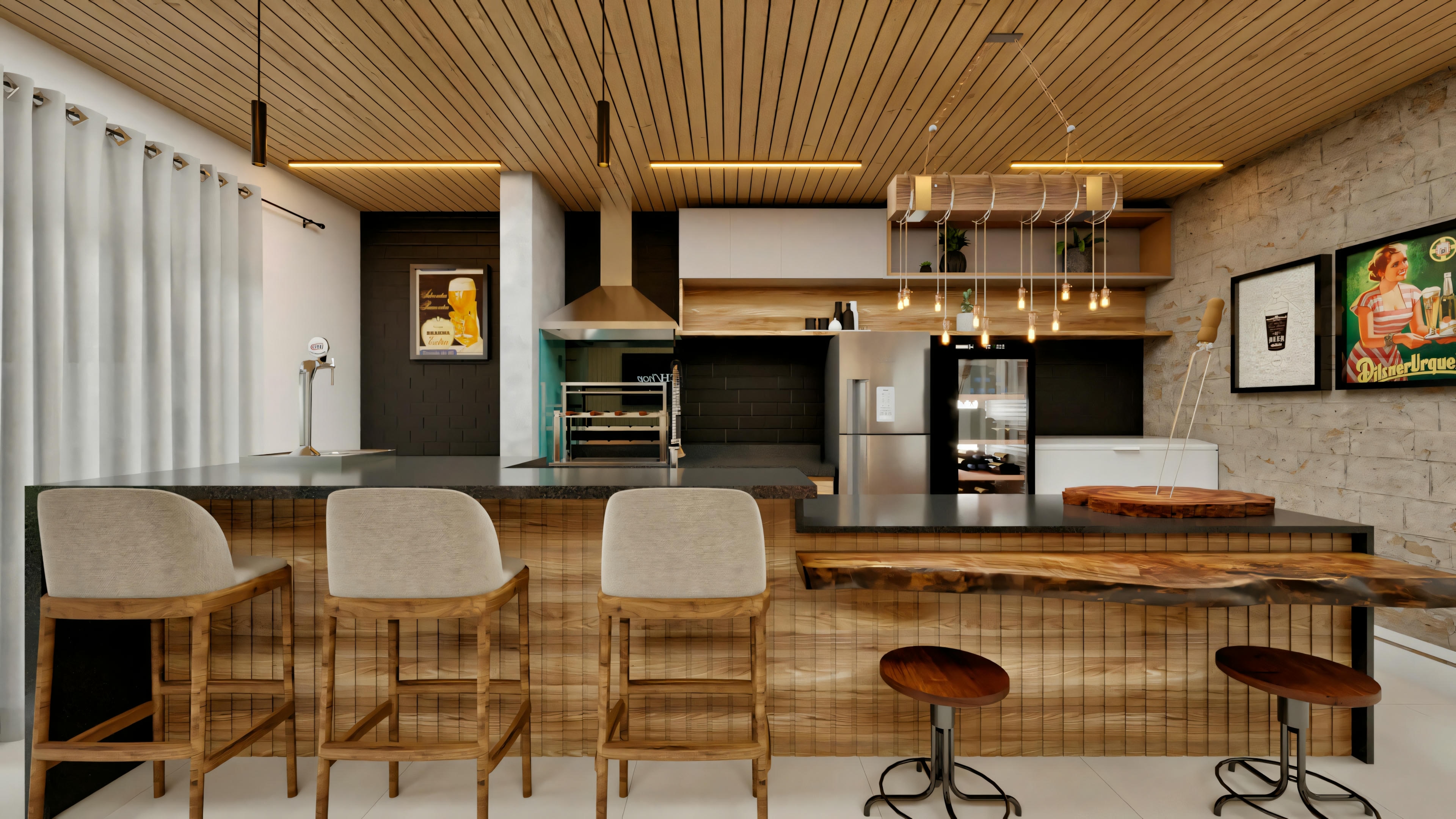 Área gourmet com design moderno, bancada e forro em madeira, iluminação pendente, integrada a um projeto de casa neoclássica com 416.97m² e área gourmet inclusa.