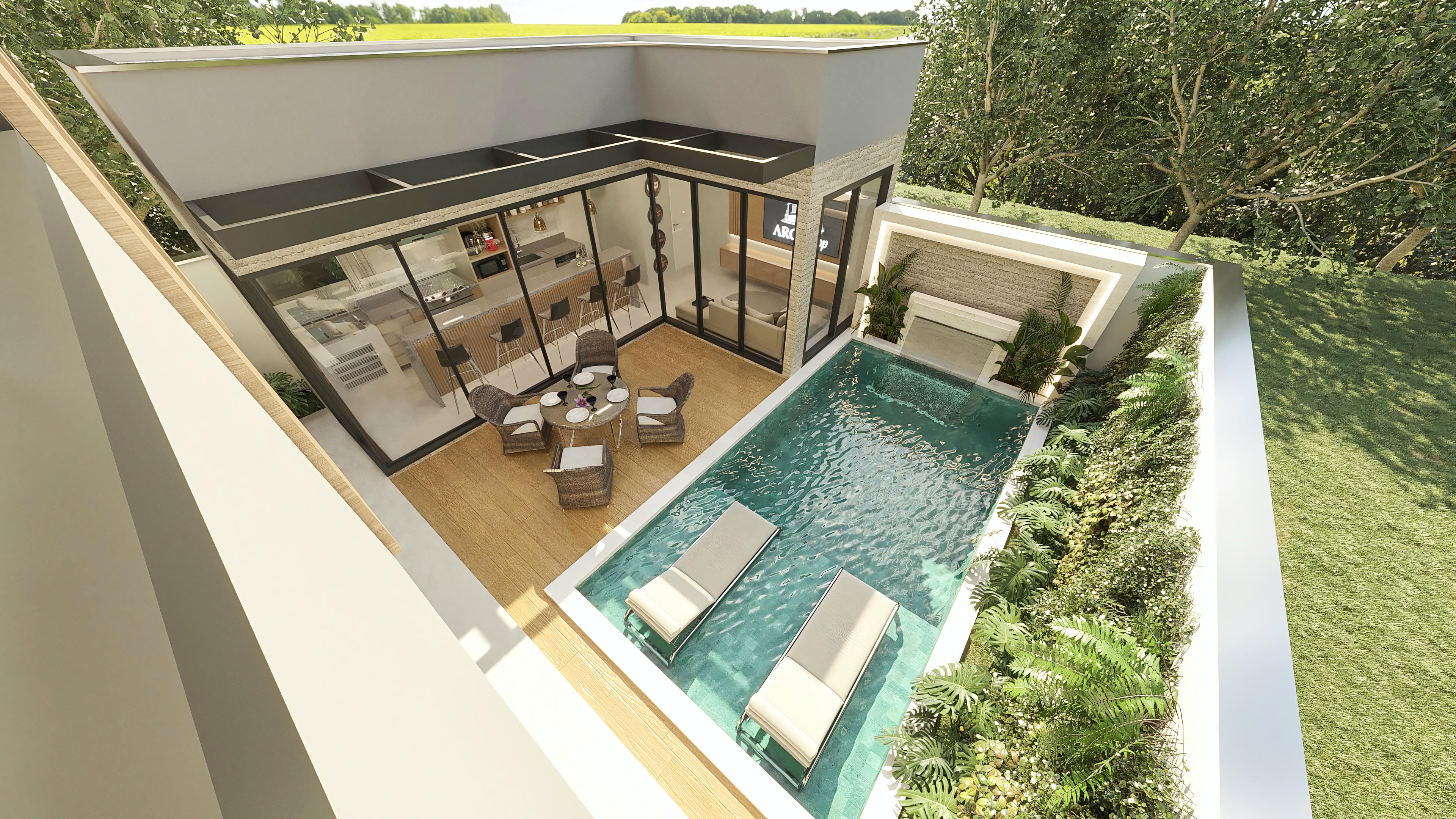 Proyecto de casa de dos pisos moderna con 3 dormitorios, suite, área gourmet, piscina y fachada contemporánea. Vista aérea del área de ocio con piscina y deck de madera.