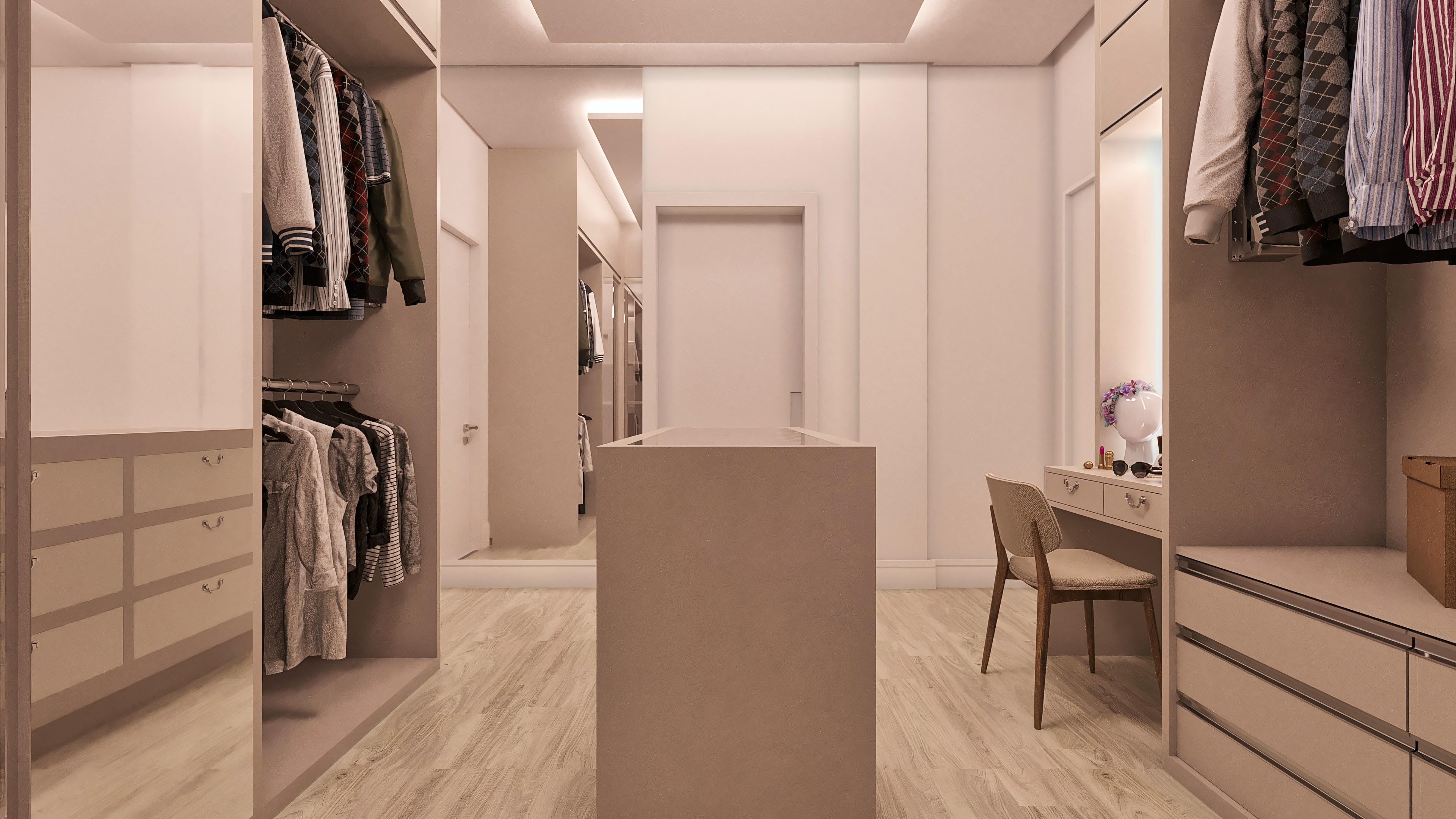 Interior de um closet espaçoso e moderno, com armários planejados, iluminação embutida e piso amadeirado.