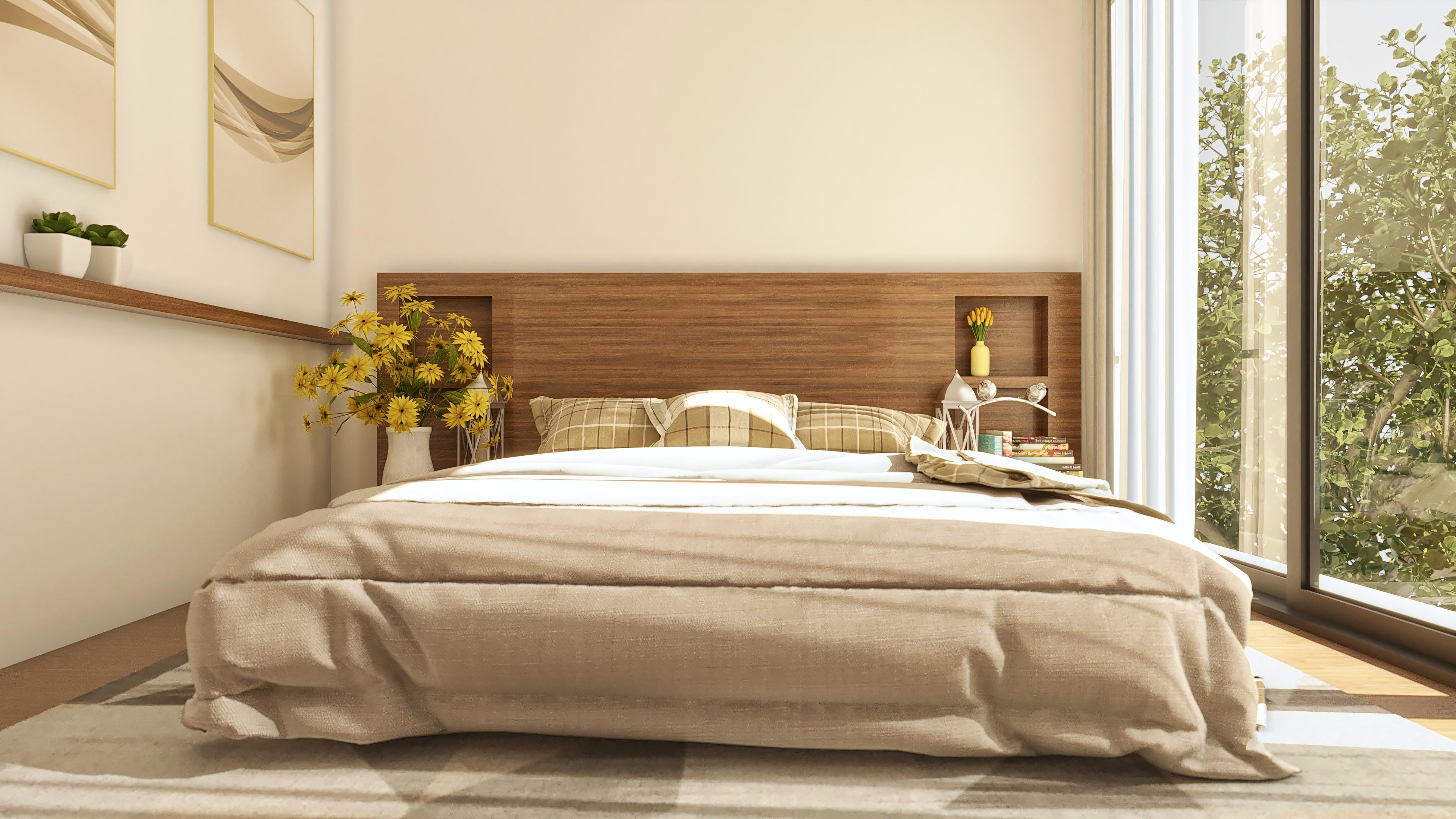 Quarto de alto padrão com cama king-size, cabeceira em madeira e ampla janela com vista para a vegetação exuberante. Decoração minimalista com obras de arte abstratas e flores amarelas.